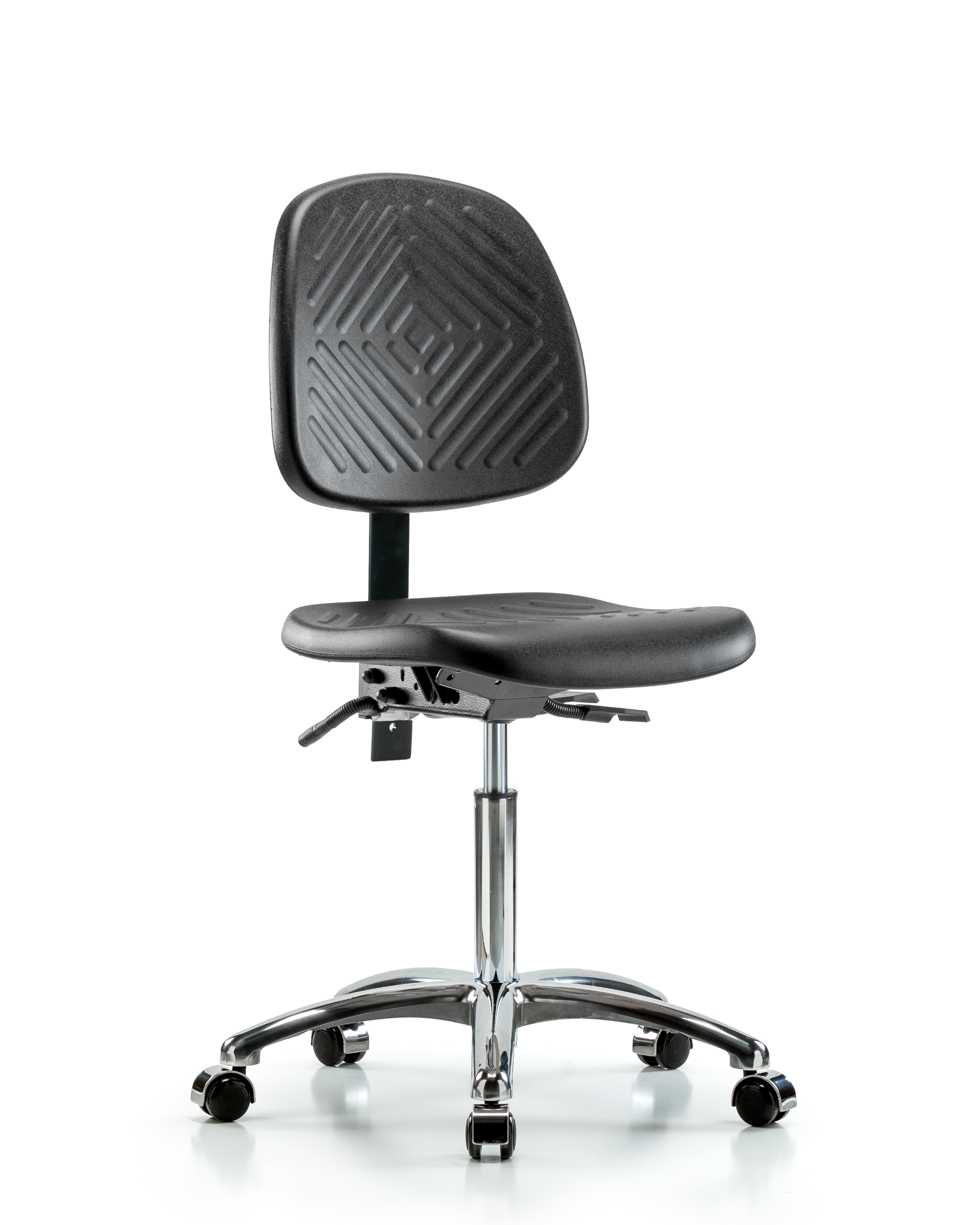 Polyurethane Chair Chrome - Medium Bench Height with Medium Back, Seat Tilt, & Casters in Black Polyurethane