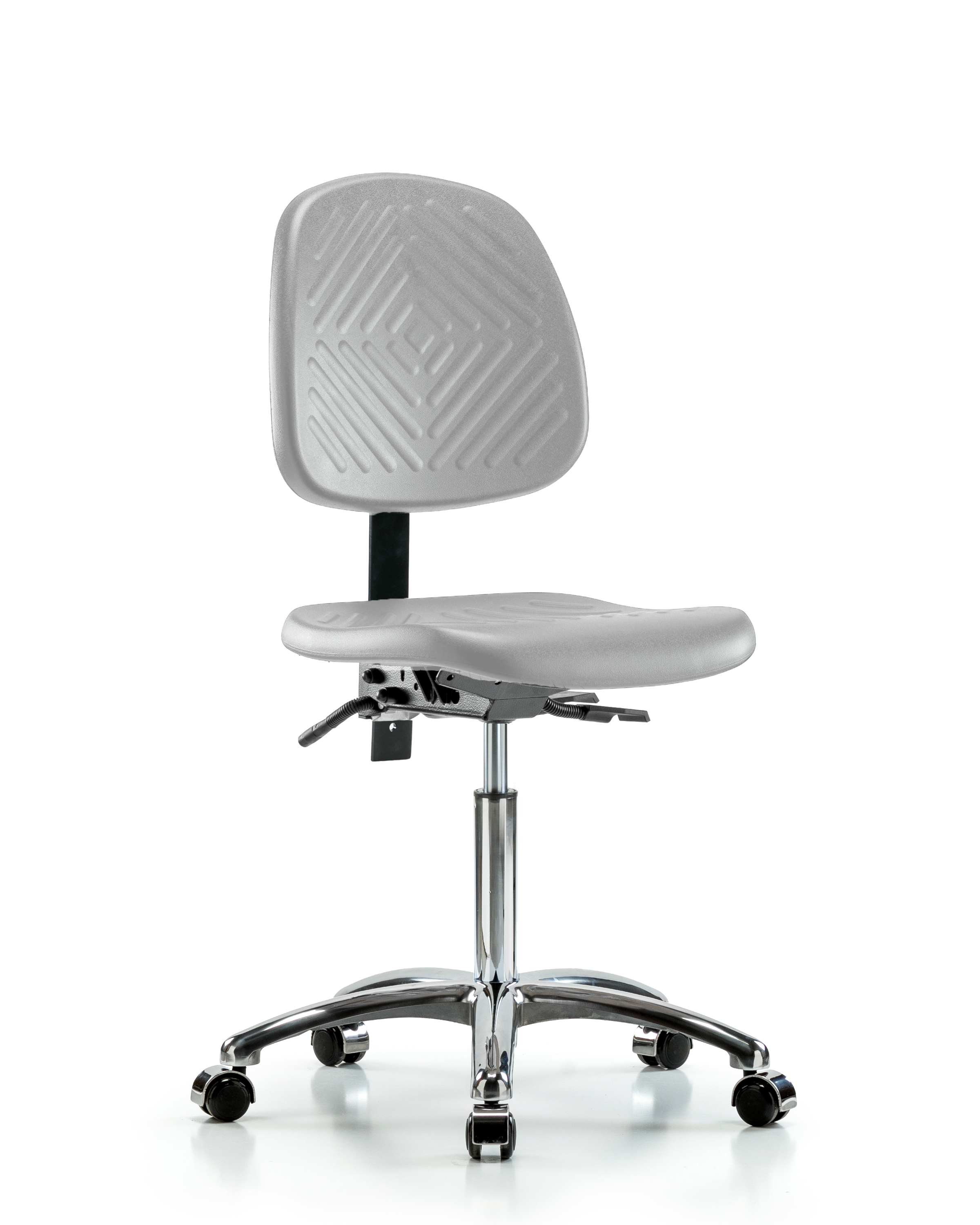 Polyurethane Chair Chrome - Medium Bench Height with Medium Back, Seat Tilt, & Casters in Gray Polyurethane