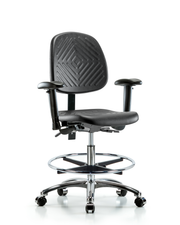 Polyurethane Chair Chrome - Medium Bench Height with Medium Back, Seat Tilt, Adjustable Arms, Chrome Foot Ring, & Casters in Black Polyurethane