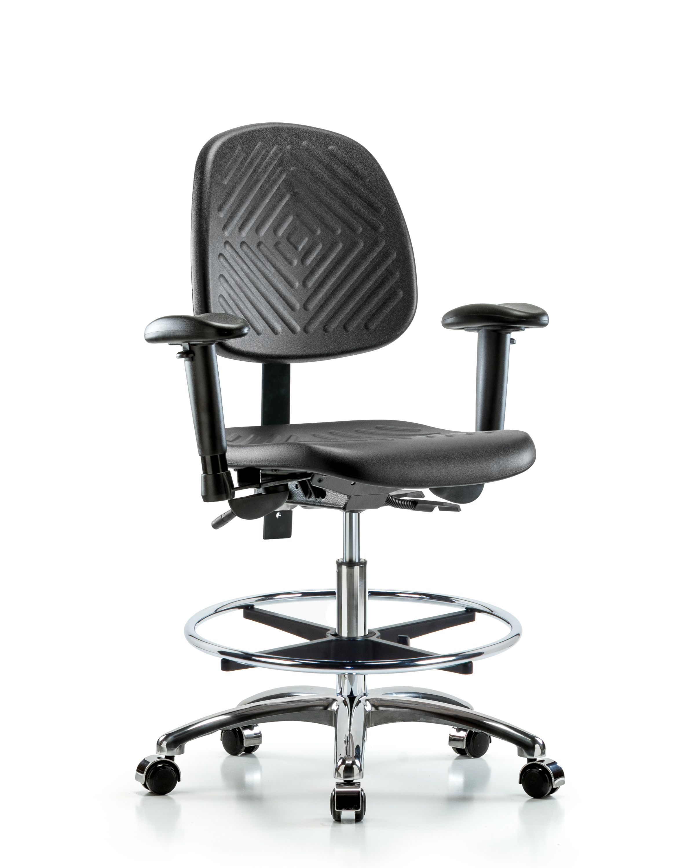 Polyurethane Chair Chrome - Medium Bench Height with Medium Back, Seat Tilt, Adjustable Arms, Chrome Foot Ring, & Casters in Black Polyurethane