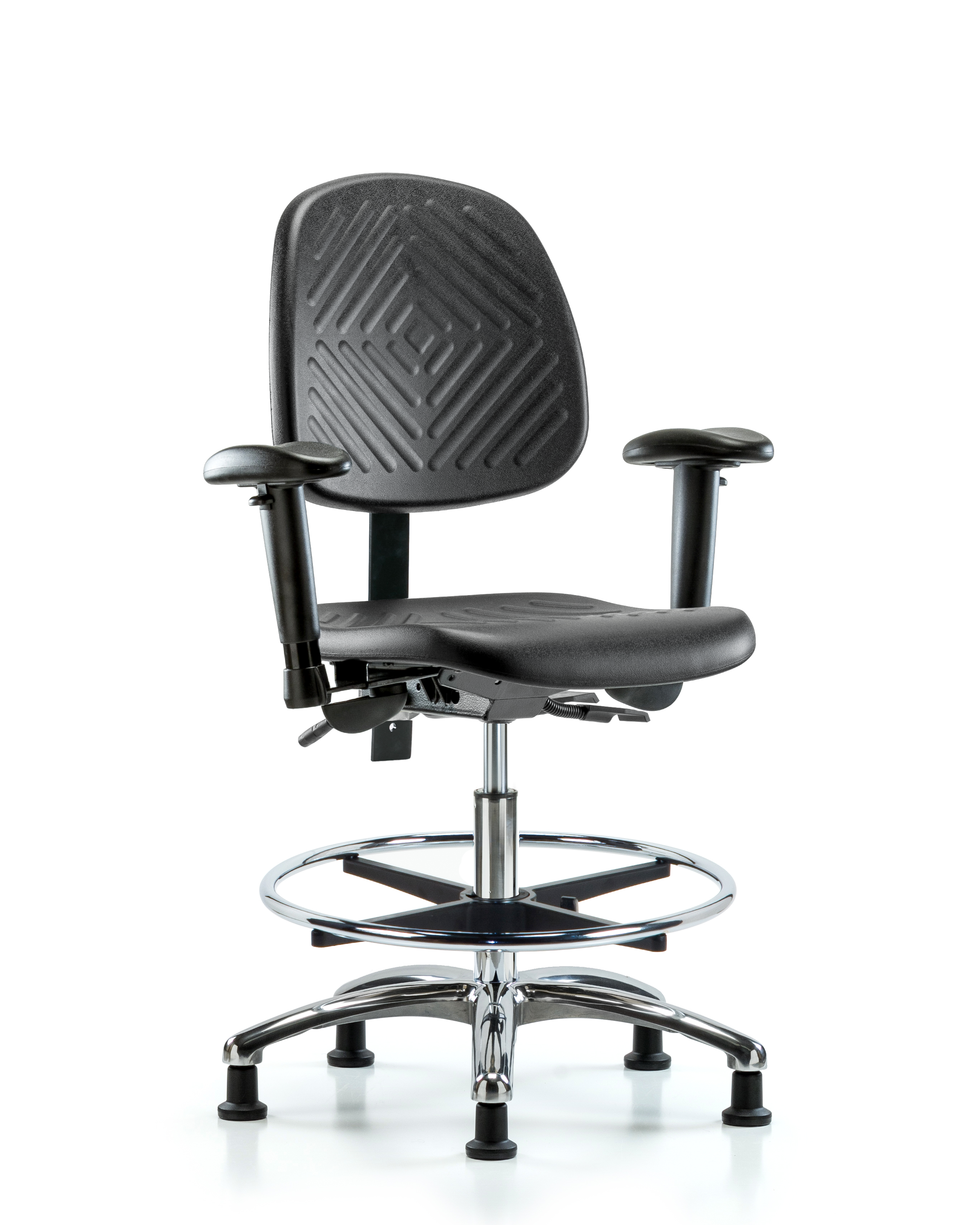 Polyurethane Chair Chrome - Medium Bench Height with Medium Back, Seat Tilt, Adjustable Arms, Chrome Foot Ring, & Stationary Glides in Black Polyurethane