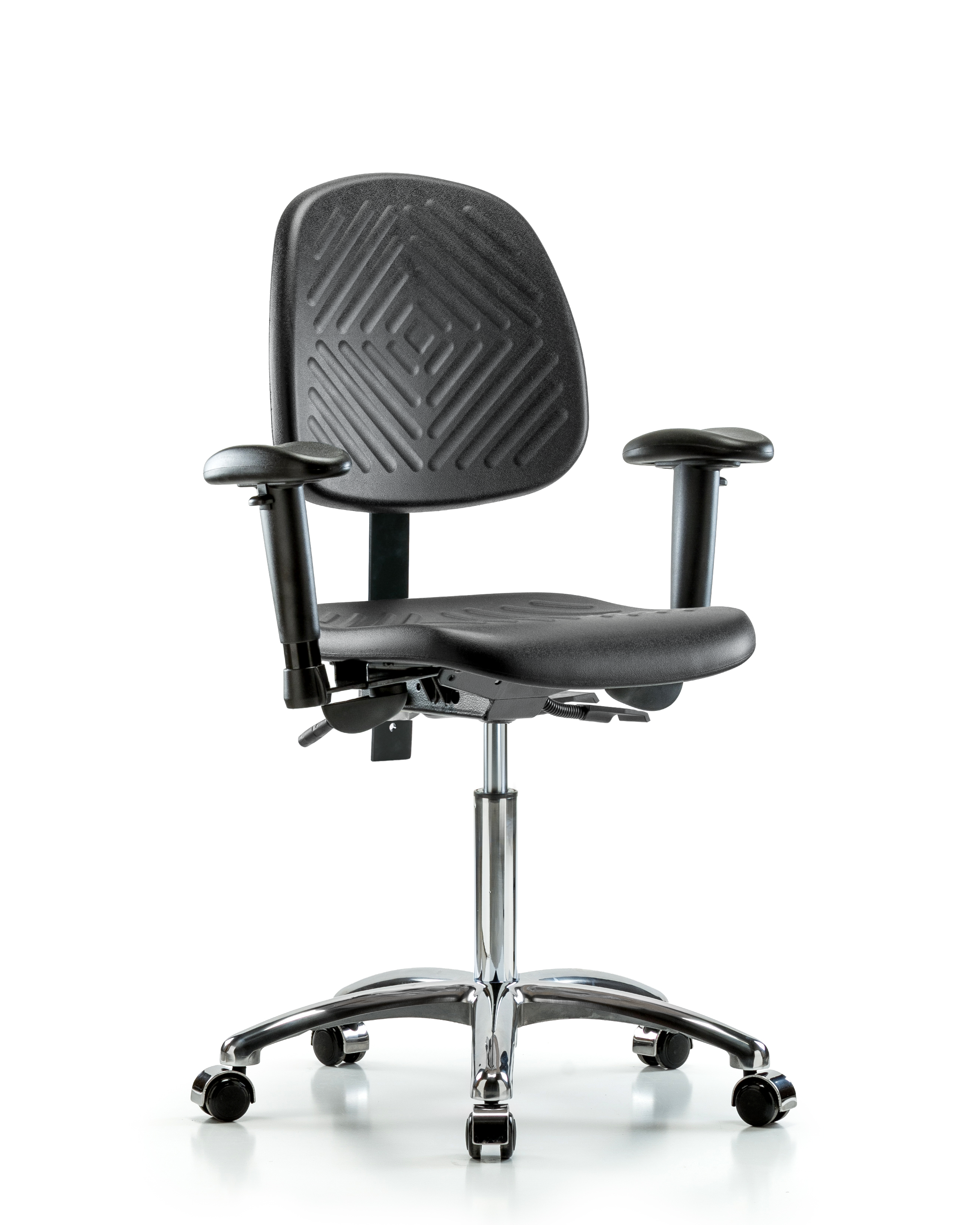 Polyurethane Chair Chrome - Medium Bench Height with Medium Back, Seat Tilt, Adjustable Arms, & Casters in Black Polyurethane
