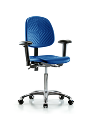Polyurethane Chair Chrome - Medium Bench Height with Medium Back, Seat Tilt, Adjustable Arms, & Casters in Blue Polyurethane