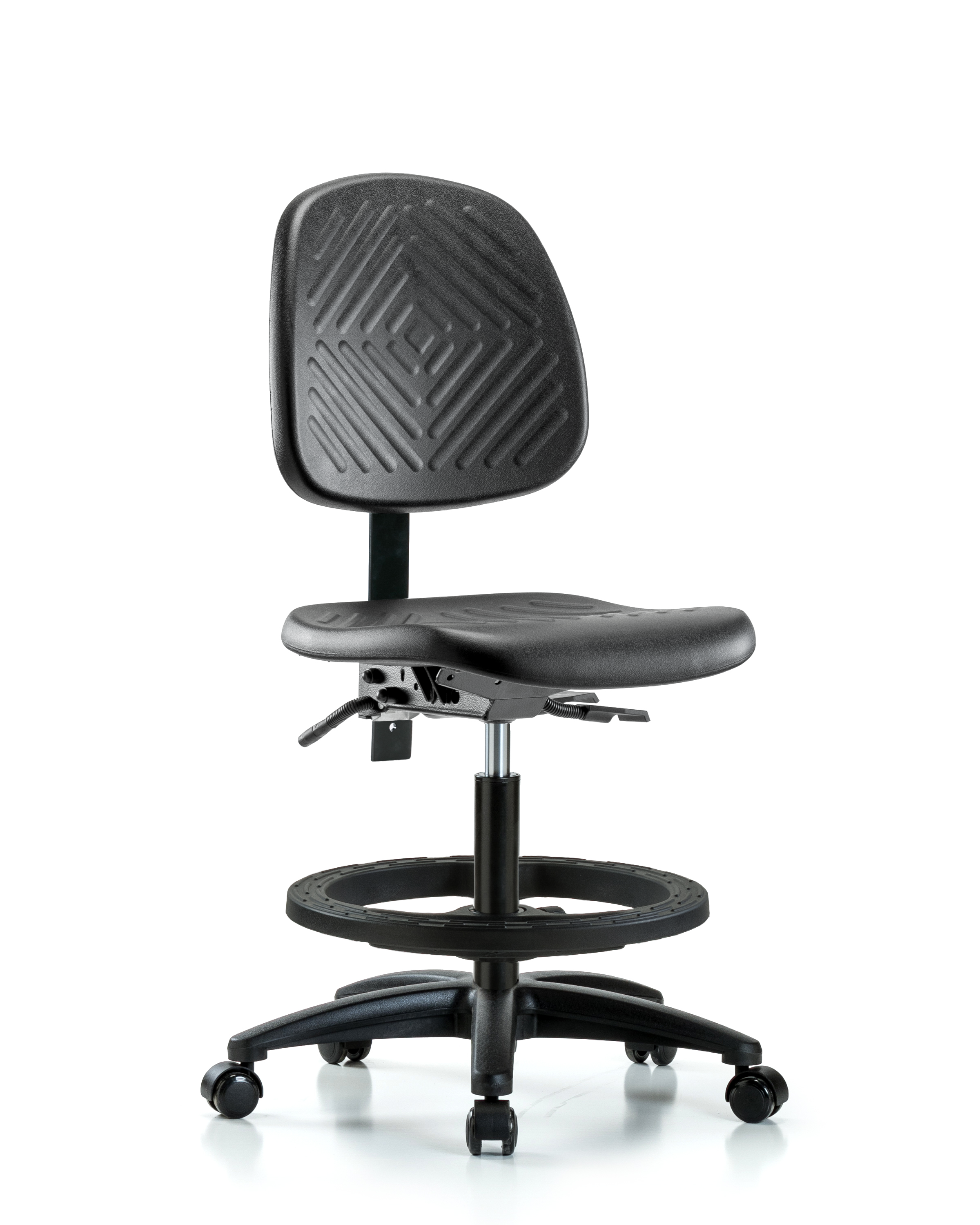 Polyurethane Chair - Medium Bench Height with Medium Back, Black Foot Ring, & Casters in Black Polyurethane