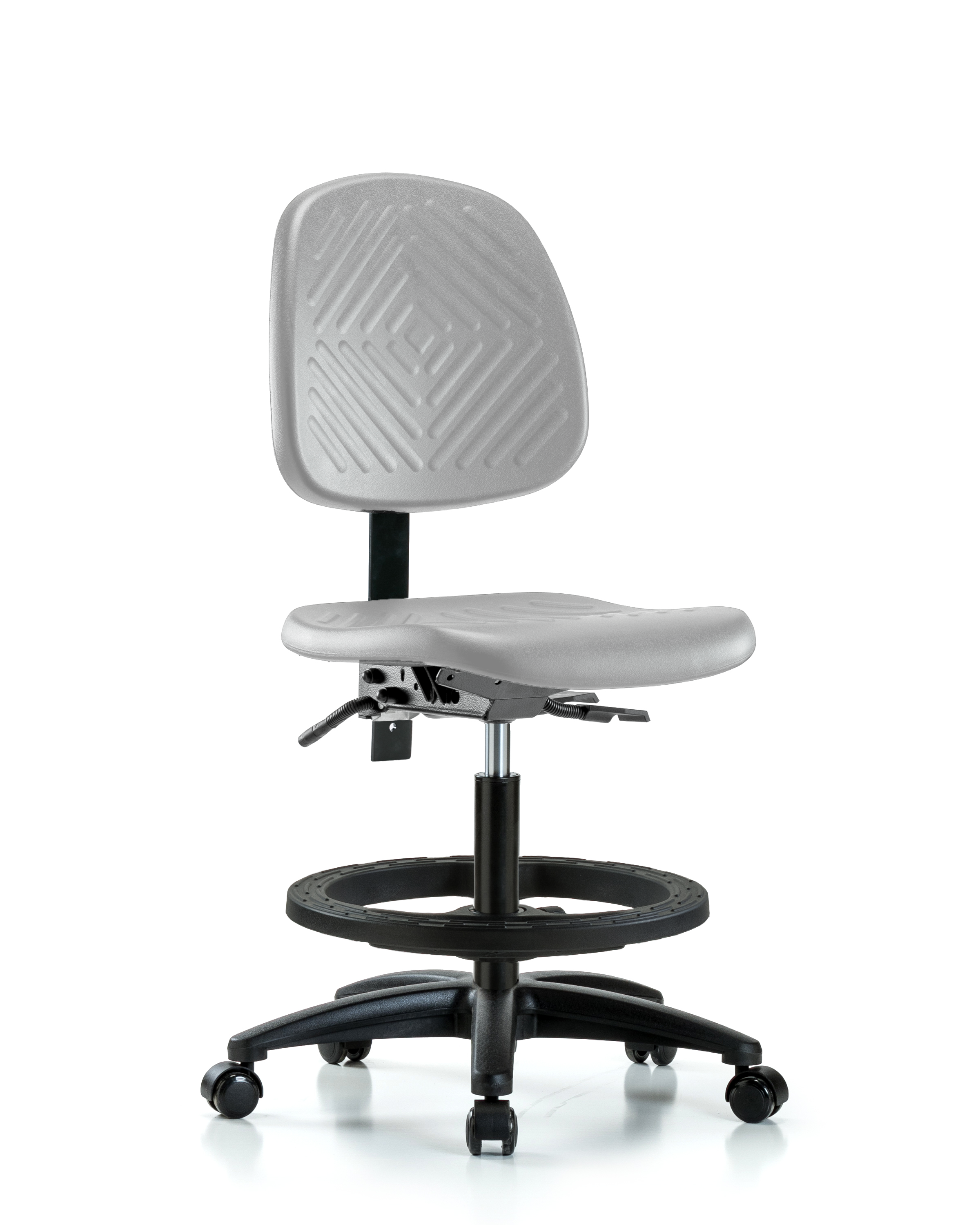 Polyurethane Chair - Medium Bench Height with Medium Back, Black Foot Ring, & Casters in Gray Polyurethane