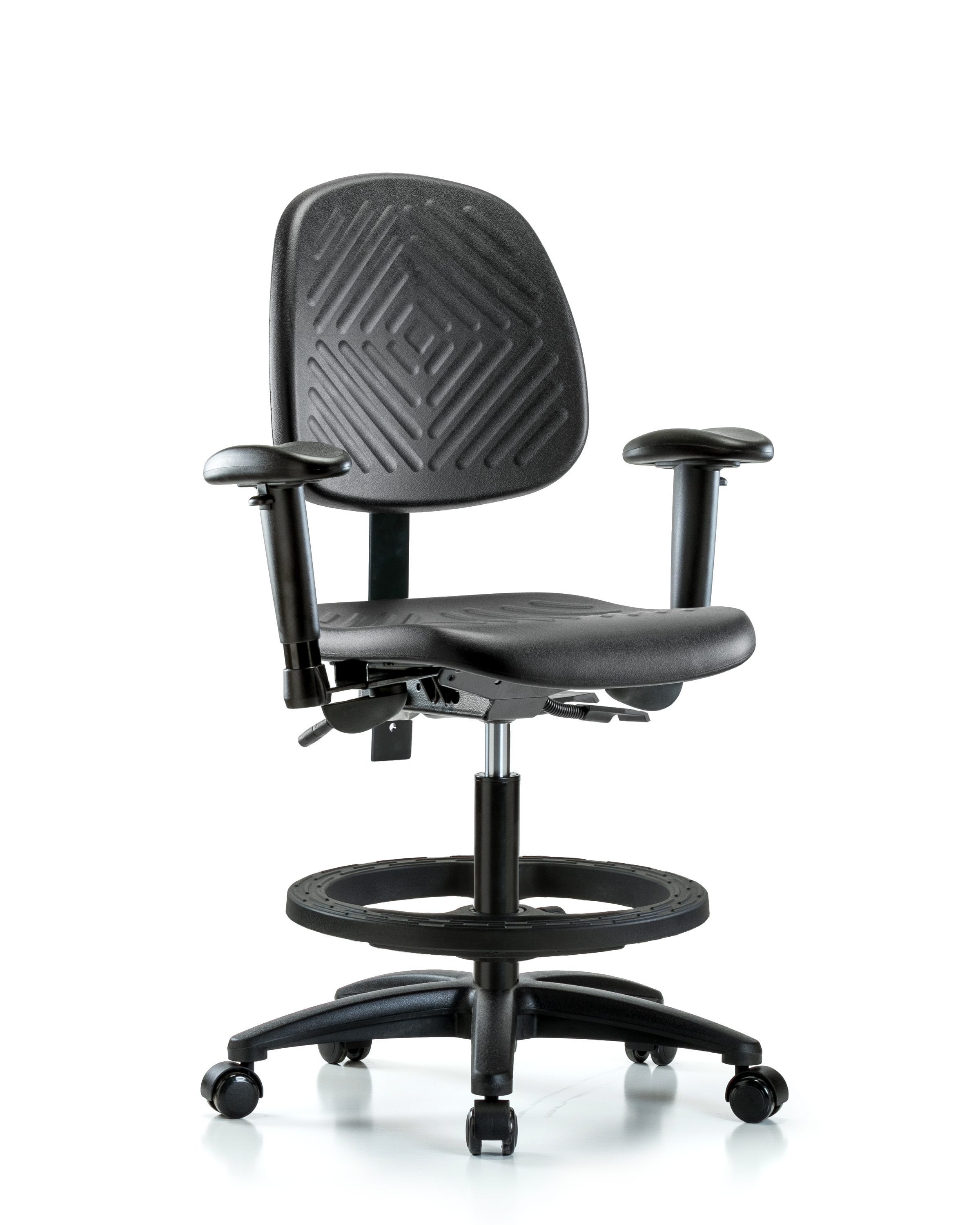 Polyurethane Chair - Medium Bench Height with Medium Back, Adjustable Arms, Black Foot Ring, & Casters in Black Polyurethane