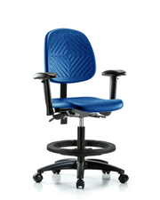 Polyurethane Chair - Medium Bench Height with Medium Back, Adjustable Arms, Black Foot Ring, & Casters in Blue Polyurethane