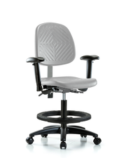 Polyurethane Chair - Medium Bench Height with Medium Back, Adjustable Arms, Black Foot Ring, & Casters in Gray Polyurethane