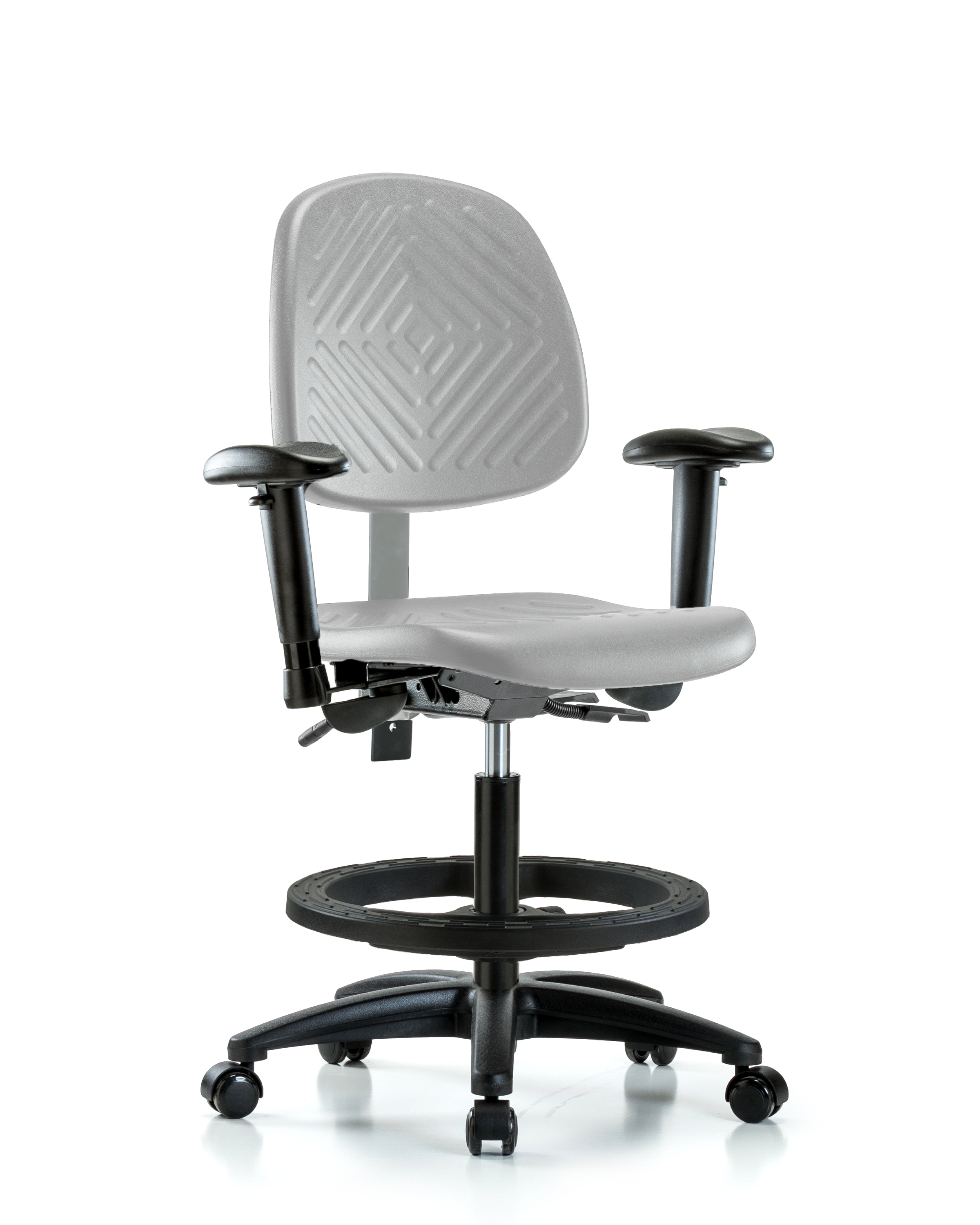 Polyurethane Chair - Medium Bench Height with Medium Back, Adjustable Arms, Black Foot Ring, & Casters in Gray Polyurethane