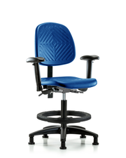 Polyurethane Chair - Medium Bench Height with Medium Back, Adjustable Arms, Black Foot Ring, & Stationary Glides in Blue Polyurethane