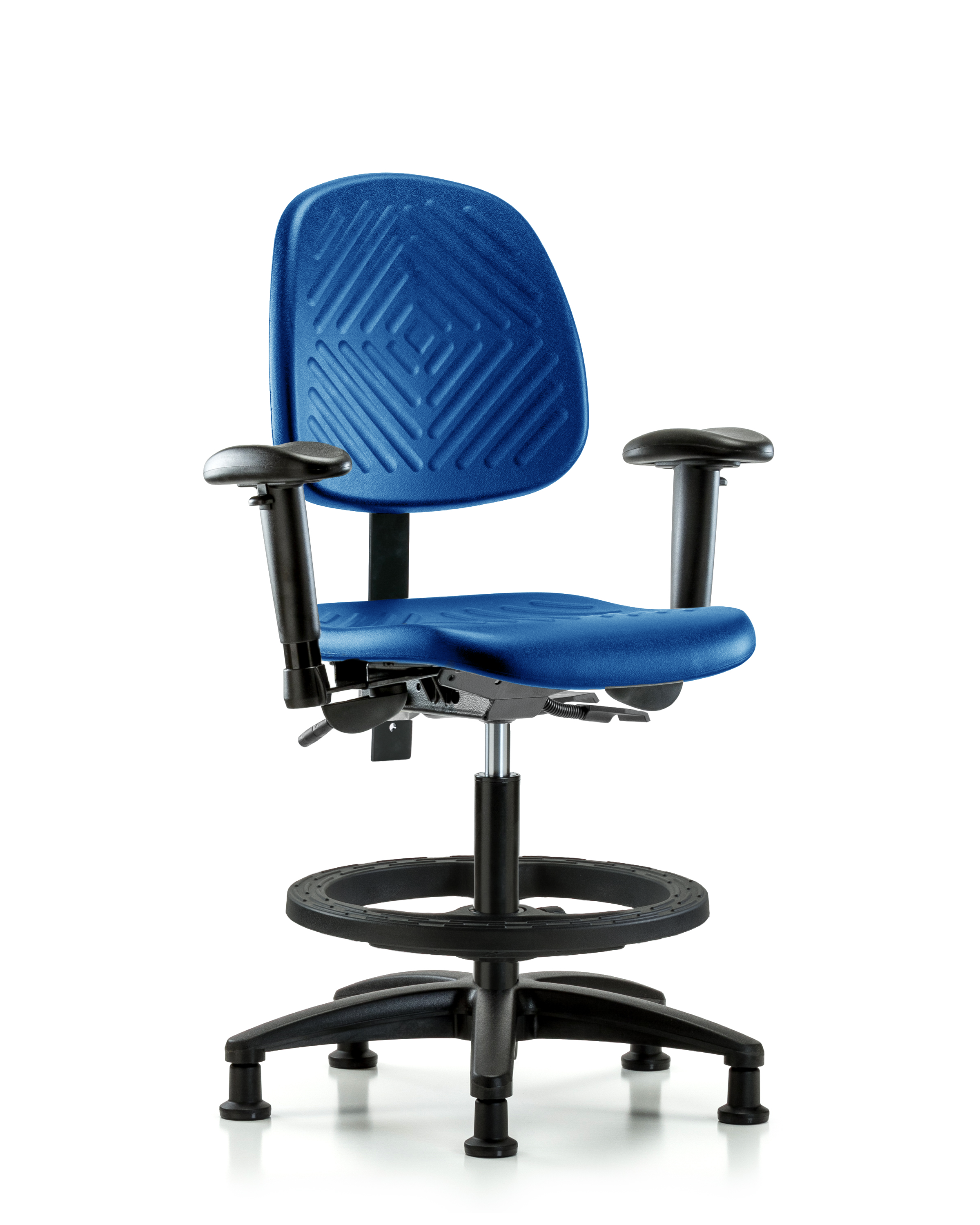 Polyurethane Chair - Medium Bench Height with Medium Back, Adjustable Arms, Black Foot Ring, & Stationary Glides in Blue Polyurethane