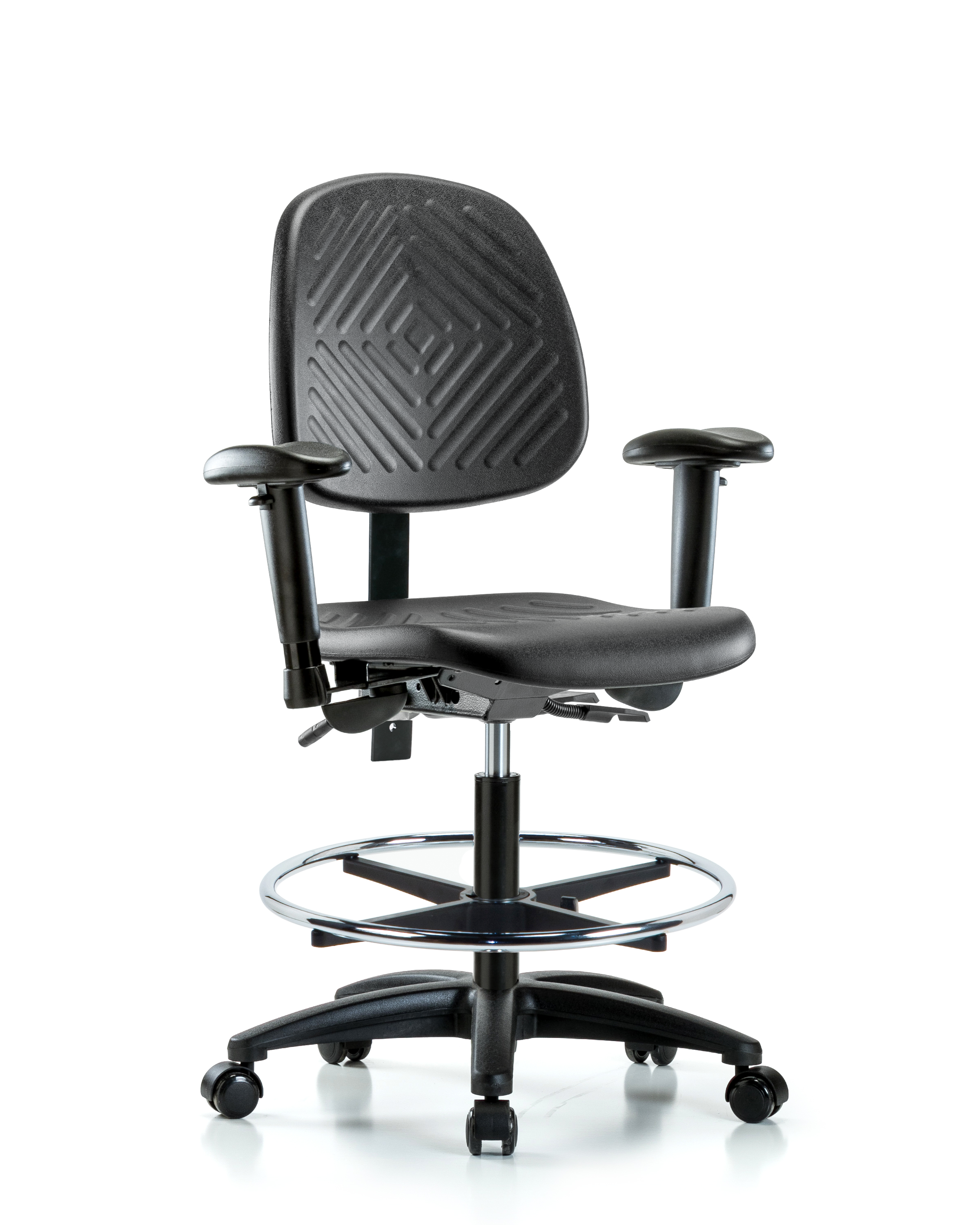 Polyurethane Chair - Medium Bench Height with Medium Back, Adjustable Arms, Chrome Foot Ring, & Casters in Black Polyurethane