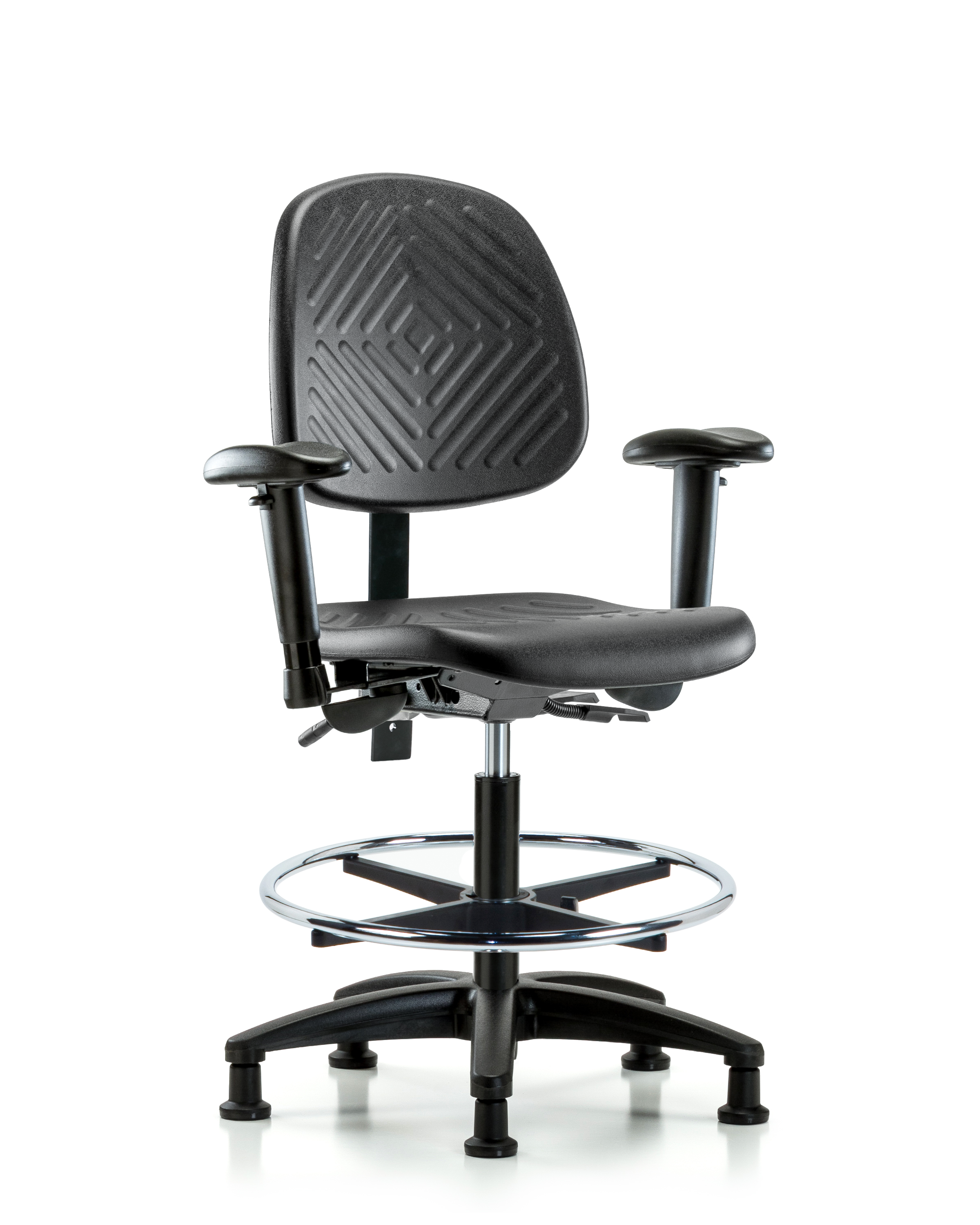 Polyurethane Chair - Medium Bench Height with Medium Back, Adjustable Arms, Chrome Foot Ring, & Stationary Glides in Black Polyurethane