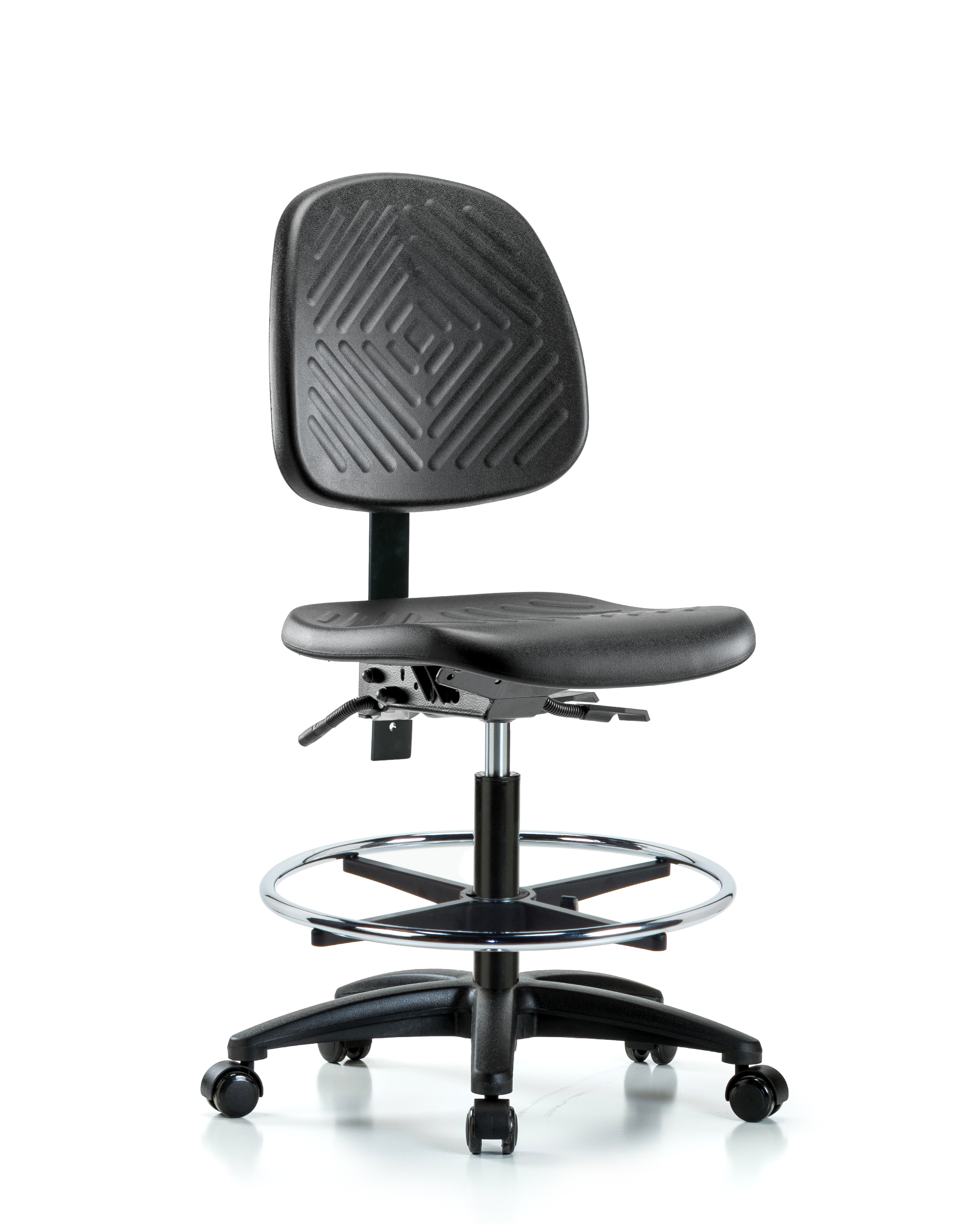 Polyurethane Chair - Medium Bench Height with Medium Back, Seat Tilt, Chrome Foot Ring, & Casters in Black Polyurethane