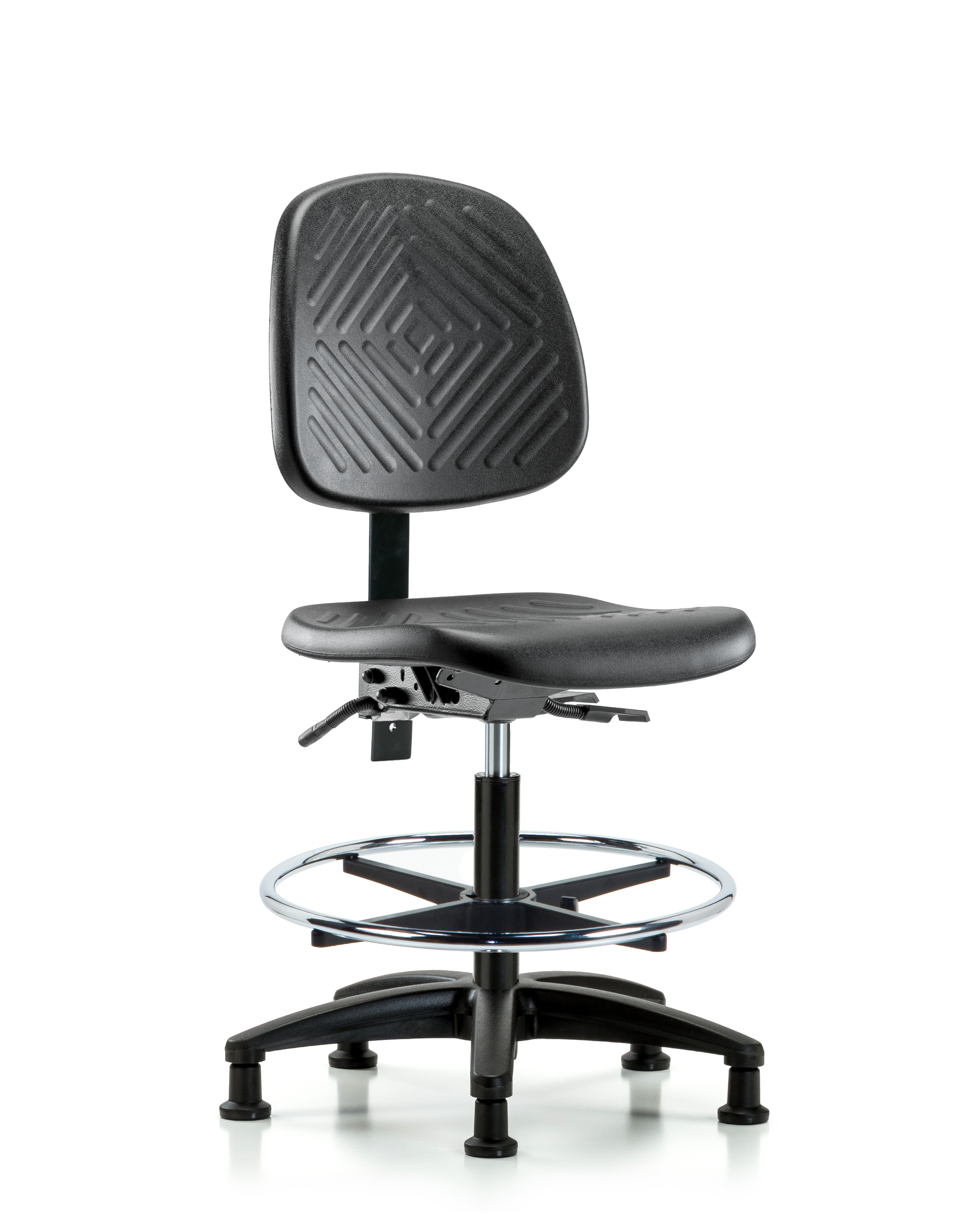 Polyurethane Chair - Medium Bench Height with Medium Back, Seat Tilt, Chrome Foot Ring, & Stationary Glides in Black Polyurethane