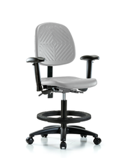 Polyurethane Chair - Medium Bench Height with Medium Back, Seat Tilt, Adjustable Arms, Black Foot Ring, & Casters in Gray Polyurethane