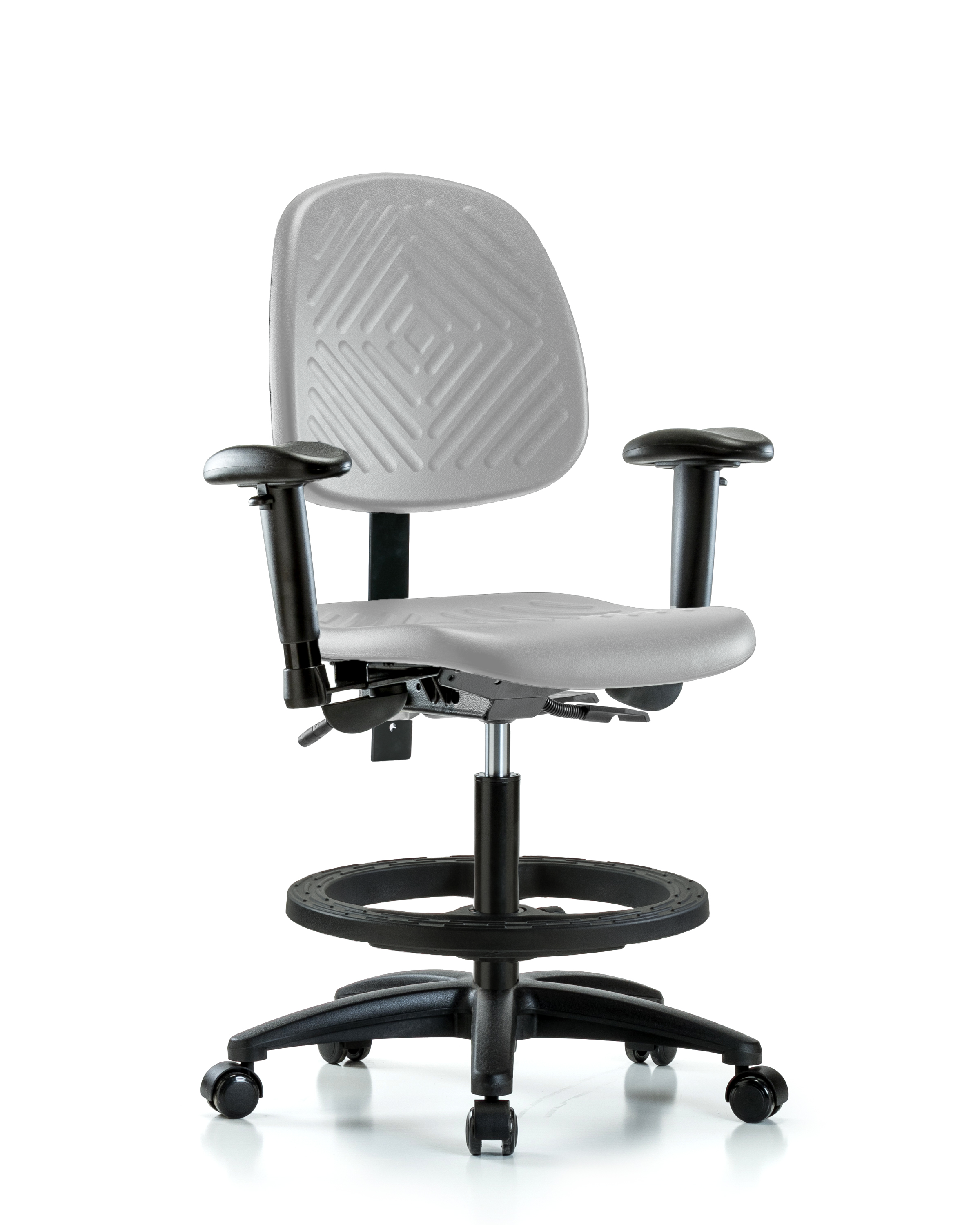 Polyurethane Chair - Medium Bench Height with Medium Back, Seat Tilt, Adjustable Arms, Black Foot Ring, & Casters in Gray Polyurethane
