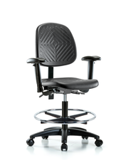 Polyurethane Chair - Medium Bench Height with Medium Back, Seat Tilt, Adjustable Arms, Chrome Foot Ring, & Casters in Black Polyurethane