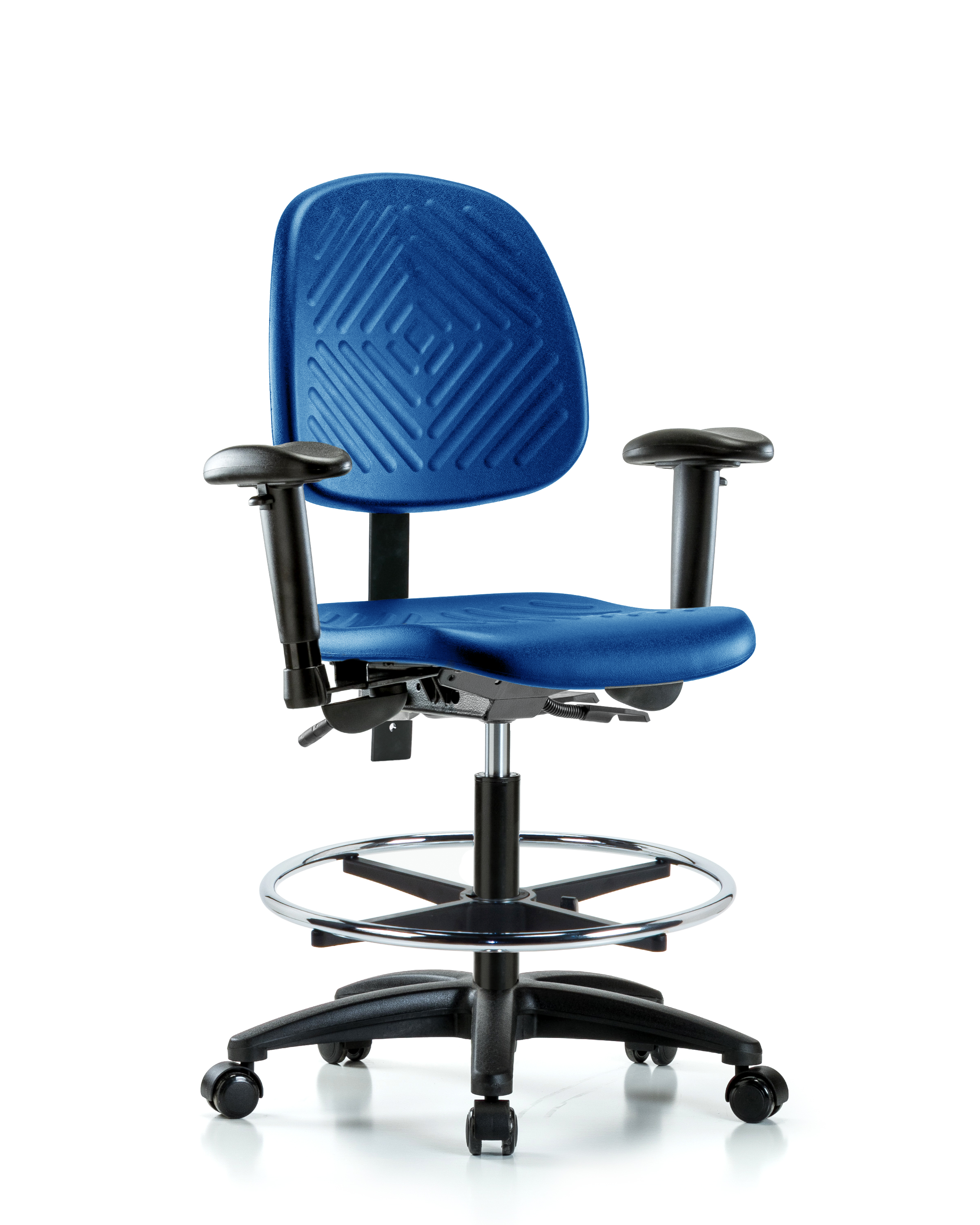 Polyurethane Chair - Medium Bench Height with Medium Back, Seat Tilt, Adjustable Arms, Chrome Foot Ring, & Casters in Blue Polyurethane