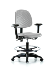 Polyurethane Chair - Medium Bench Height with Medium Back, Seat Tilt, Adjustable Arms, Chrome Foot Ring, & Casters in Gray Polyurethane