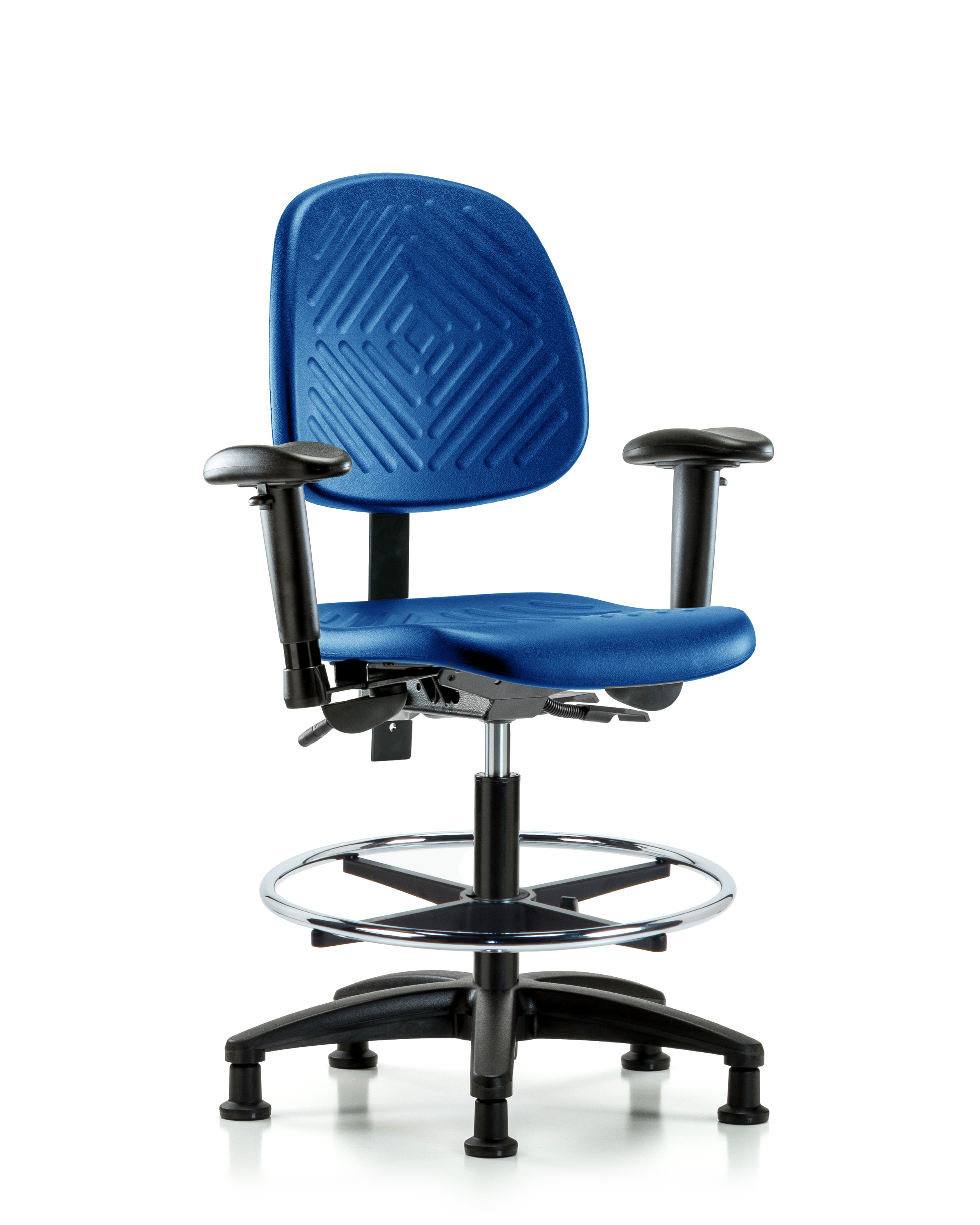Polyurethane Chair - Medium Bench Height with Medium Back, Seat Tilt, Adjustable Arms, Chrome Foot Ring, & Stationary Glides in Blue Polyurethane