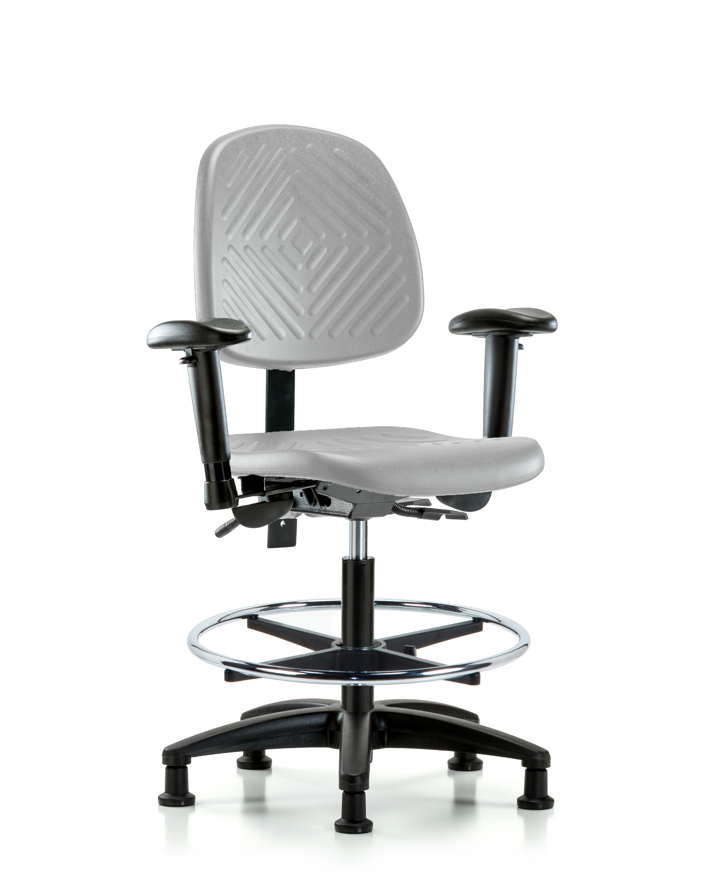 Polyurethane Chair - Medium Bench Height with Medium Back, Seat Tilt, Adjustable Arms, Chrome Foot Ring, & Stationary Glides in Gray Polyurethane