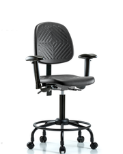 Polyurethane Chair with Round Tube Base - Medium Bench Height with Medium Back, Adjustable Arms, & Casters in Black Polyurethane