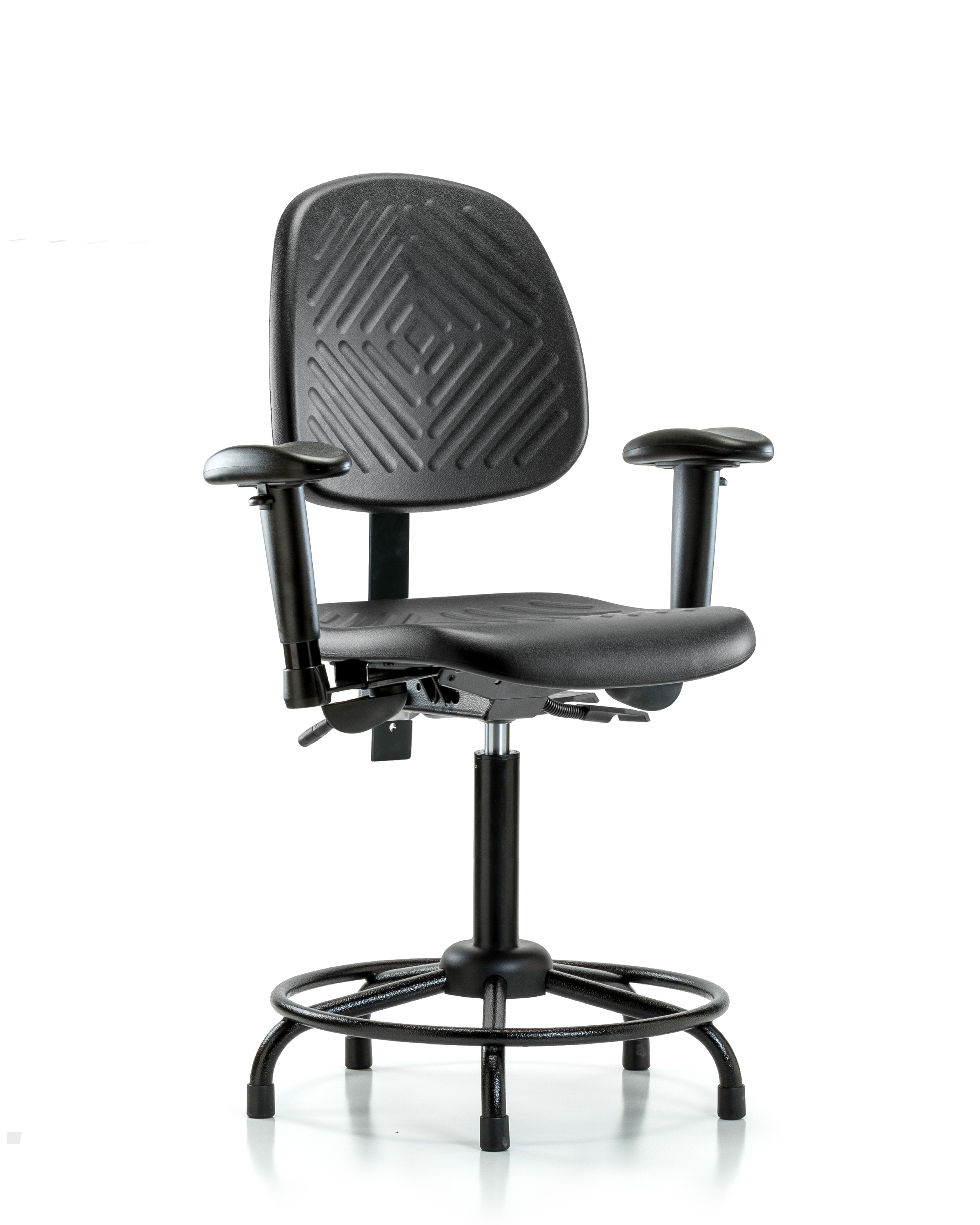 Polyurethane Chair with Round Tube Base - Medium Bench Height with Medium Back, Adjustable Arms, & Stationary Glides in Black Polyurethane
