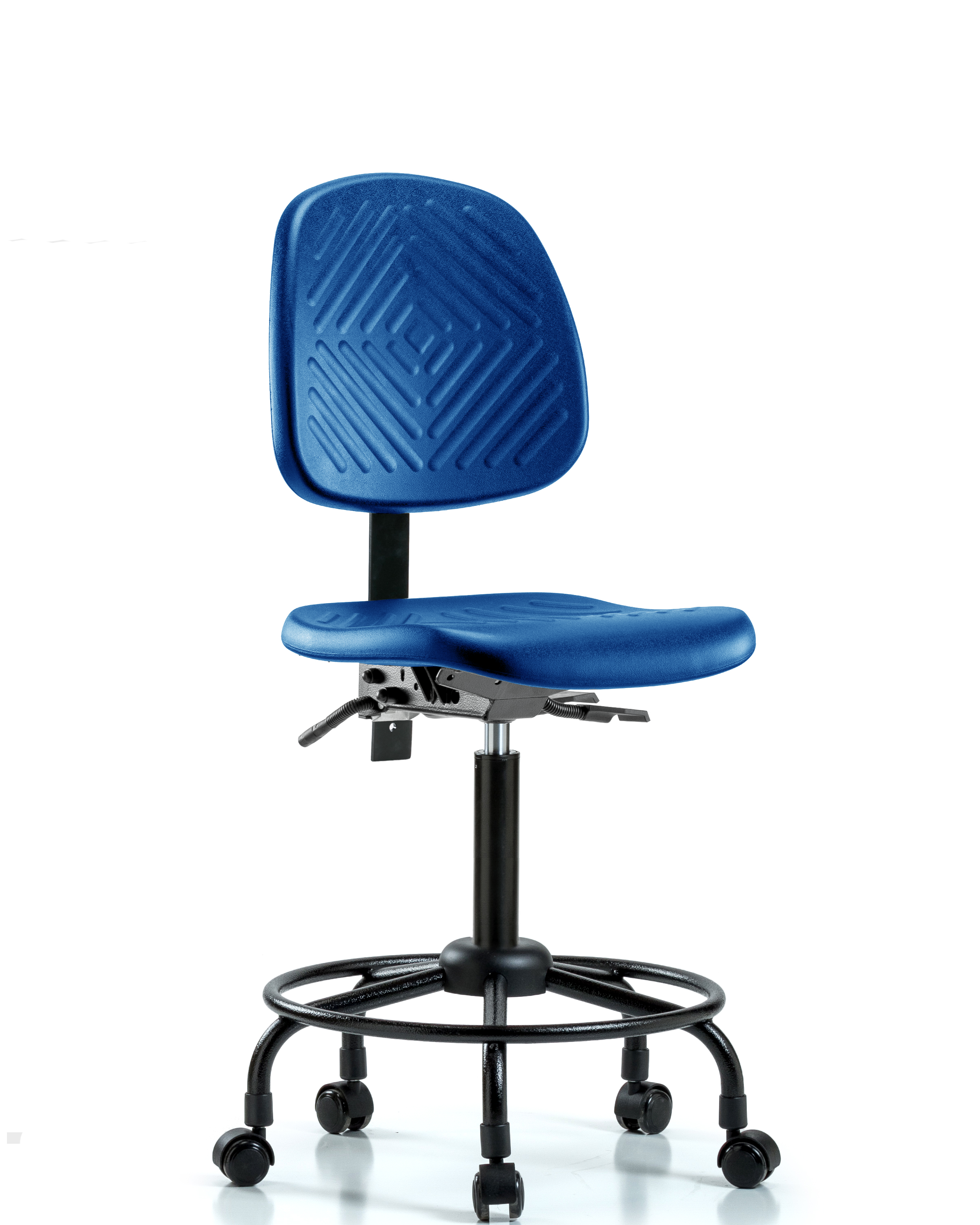 Polyurethane Chair with Round Tube Base - Medium Bench Height with Medium Back, Seat Tilt, & Casters in Blue Polyurethane
