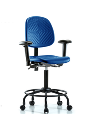 Polyurethane Chair with Round Tube Base - Medium Bench Height with Medium Back, Seat Tilt, Adjustable Arms, & Casters in Blue Polyurethane