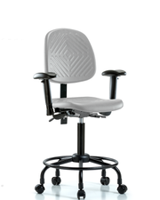 Polyurethane Chair with Round Tube Base - Medium Bench Height with Medium Back, Seat Tilt, Adjustable Arms, & Casters in Gray Polyurethane