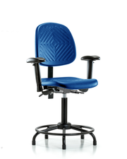 Polyurethane Chair with Round Tube Base - Medium Bench Height with Medium Back, Seat Tilt, Adjustable Arms, & Stationary Glides in Blue Polyurethane