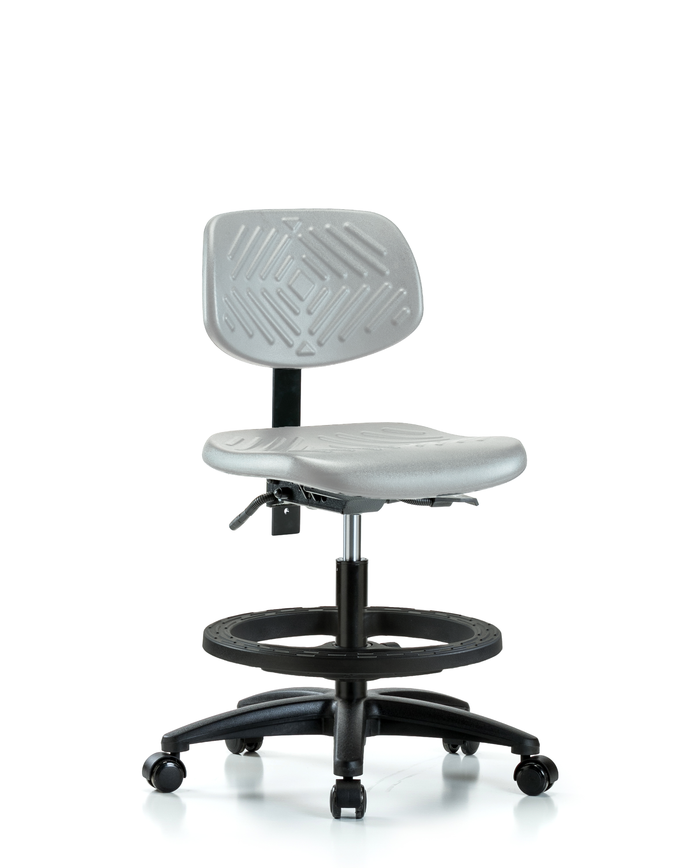 Polyurethane Chair - Medium Bench Height with Black Foot Ring & Casters in Gray Polyurethane