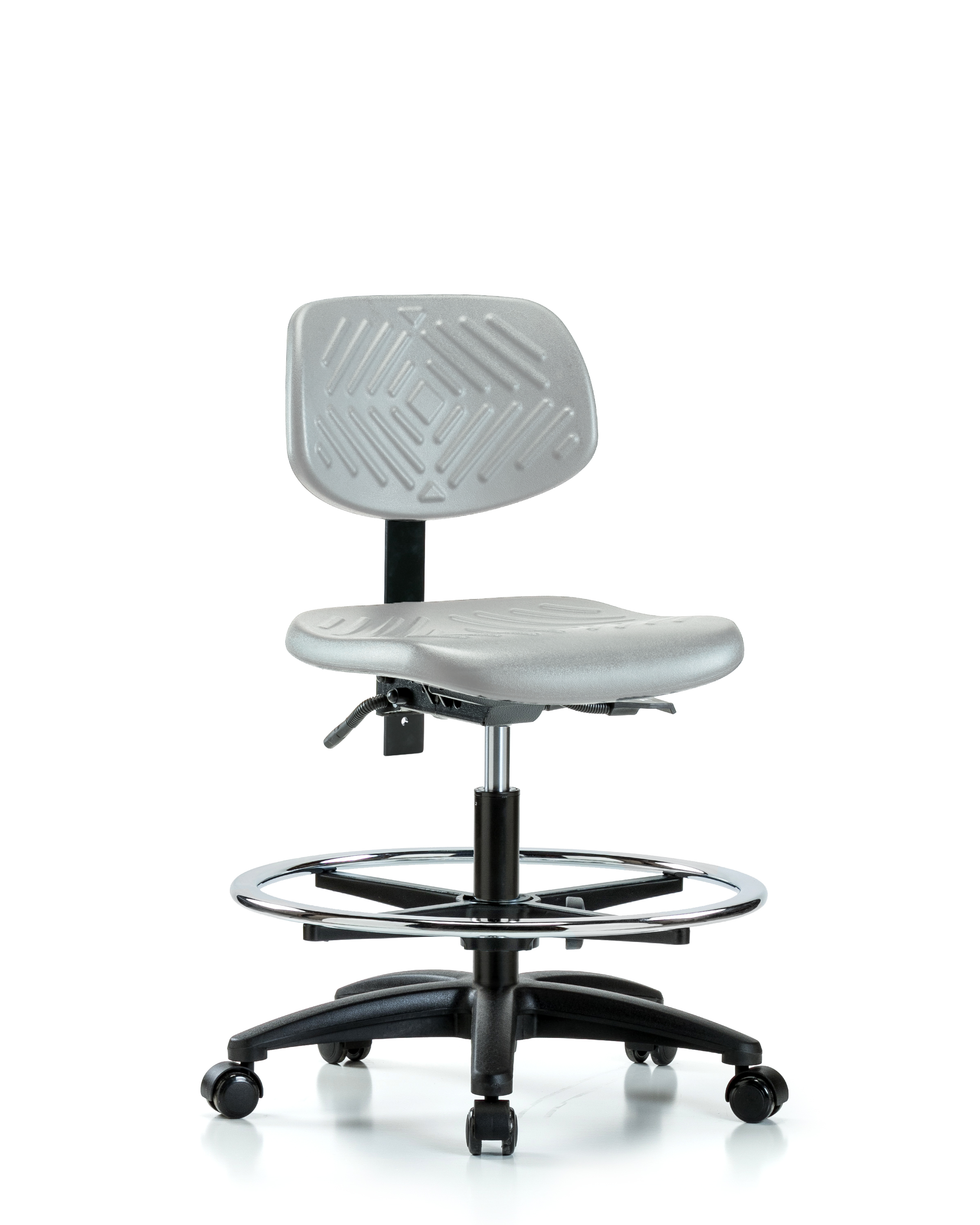 Polyurethane Chair - Medium Bench Height with Chrome Foot Ring & Casters in Gray Polyurethane