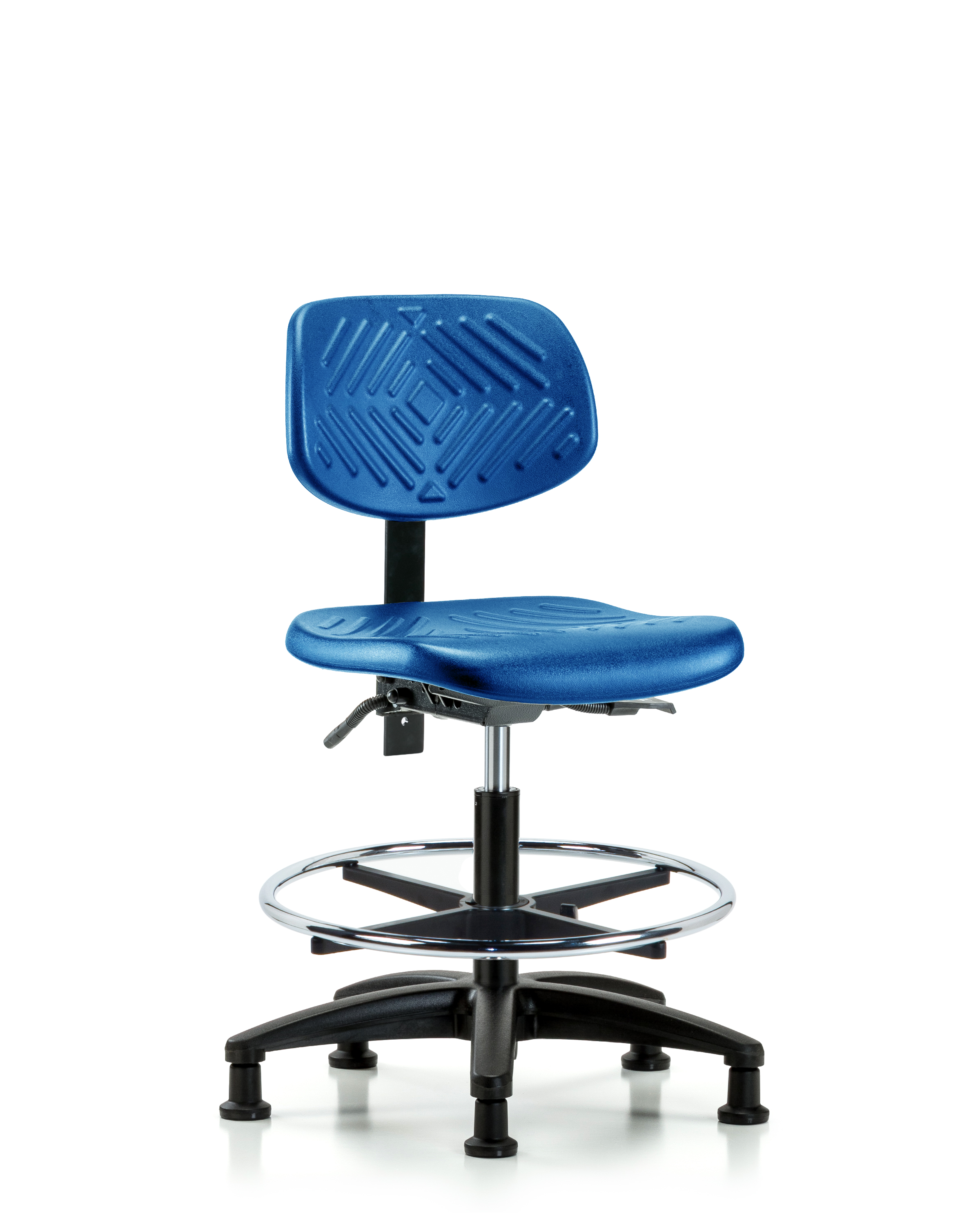 Polyurethane Chair - Medium Bench Height with Chrome Foot Ring & Stationary Glides in Blue Polyurethane