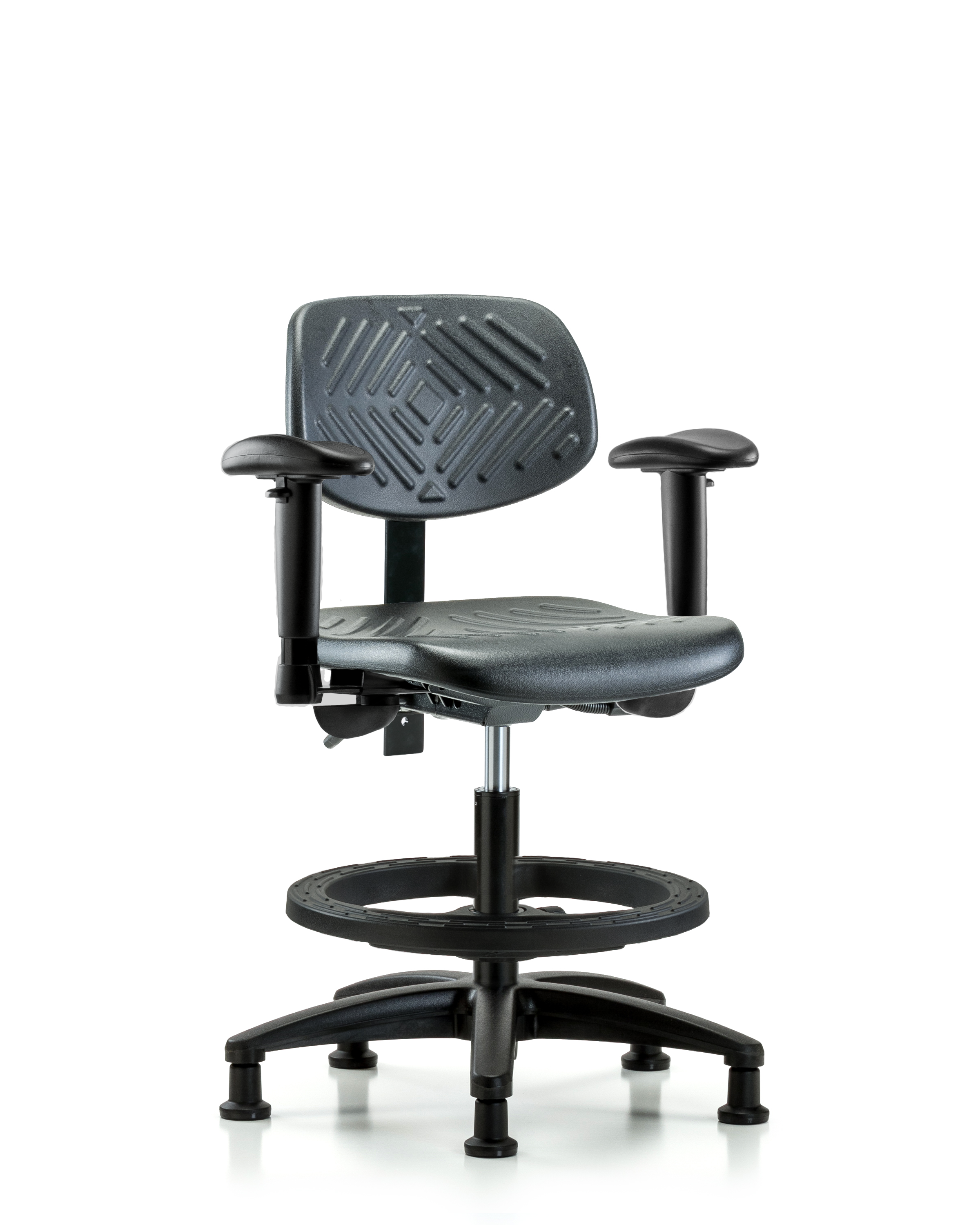 Polyurethane Chair - Medium Bench Height with Adjustable Arms, Black Foot Ring, & Stationary Glides in Black Polyurethane