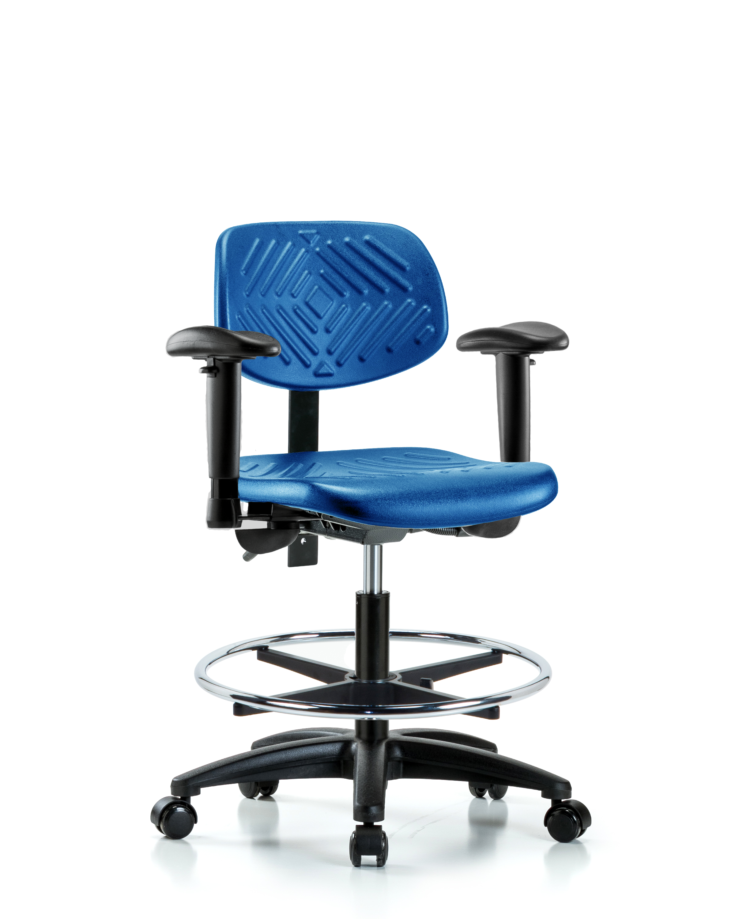 Polyurethane Chair - Medium Bench Height with Adjustable Arms, Chrome Foot Ring, & Casters in Blue Polyurethane