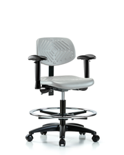 Polyurethane Chair - Medium Bench Height with Adjustable Arms, Chrome Foot Ring, & Casters in Gray Polyurethane