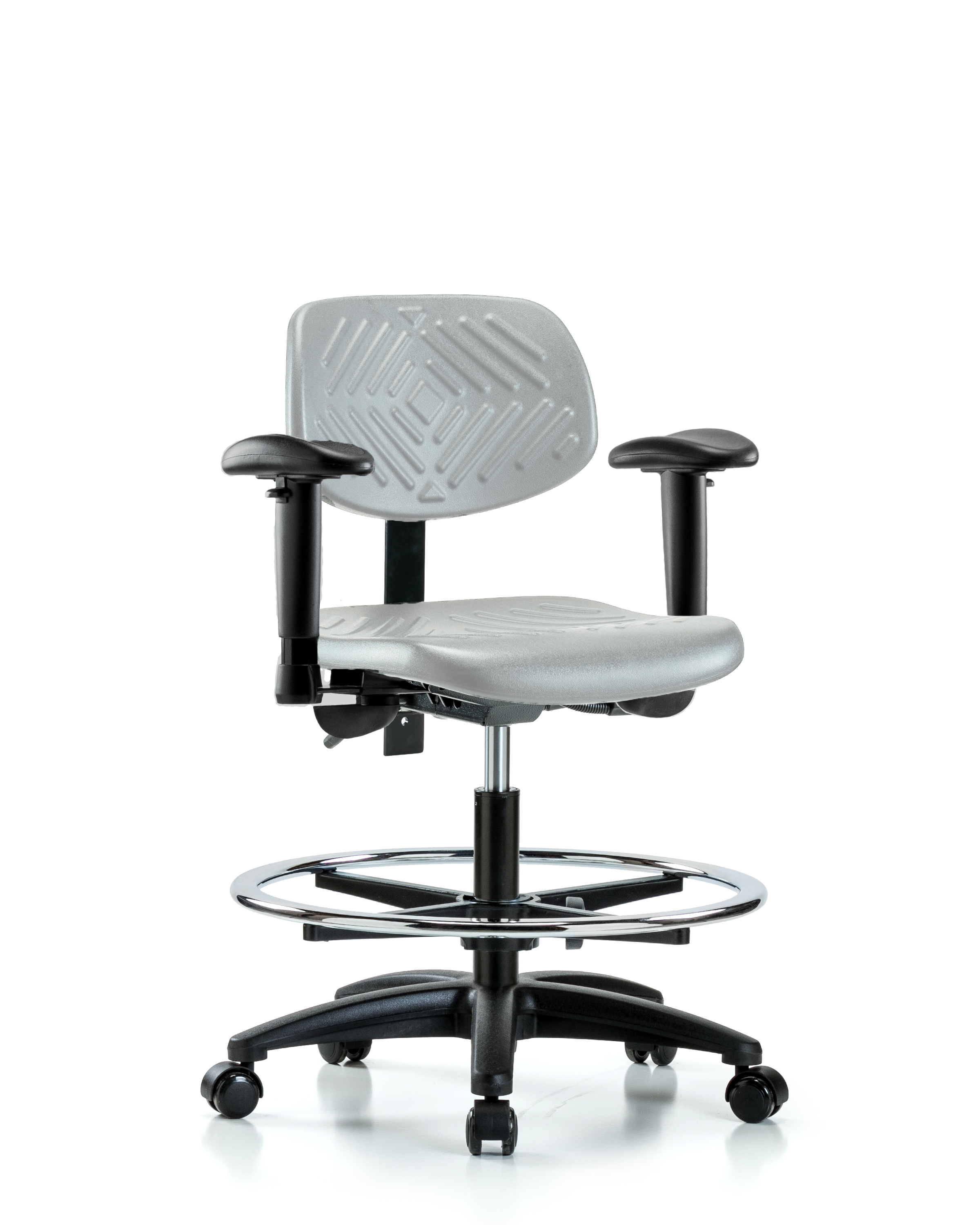 Polyurethane Chair - Medium Bench Height with Adjustable Arms, Chrome Foot Ring, & Casters in Gray Polyurethane