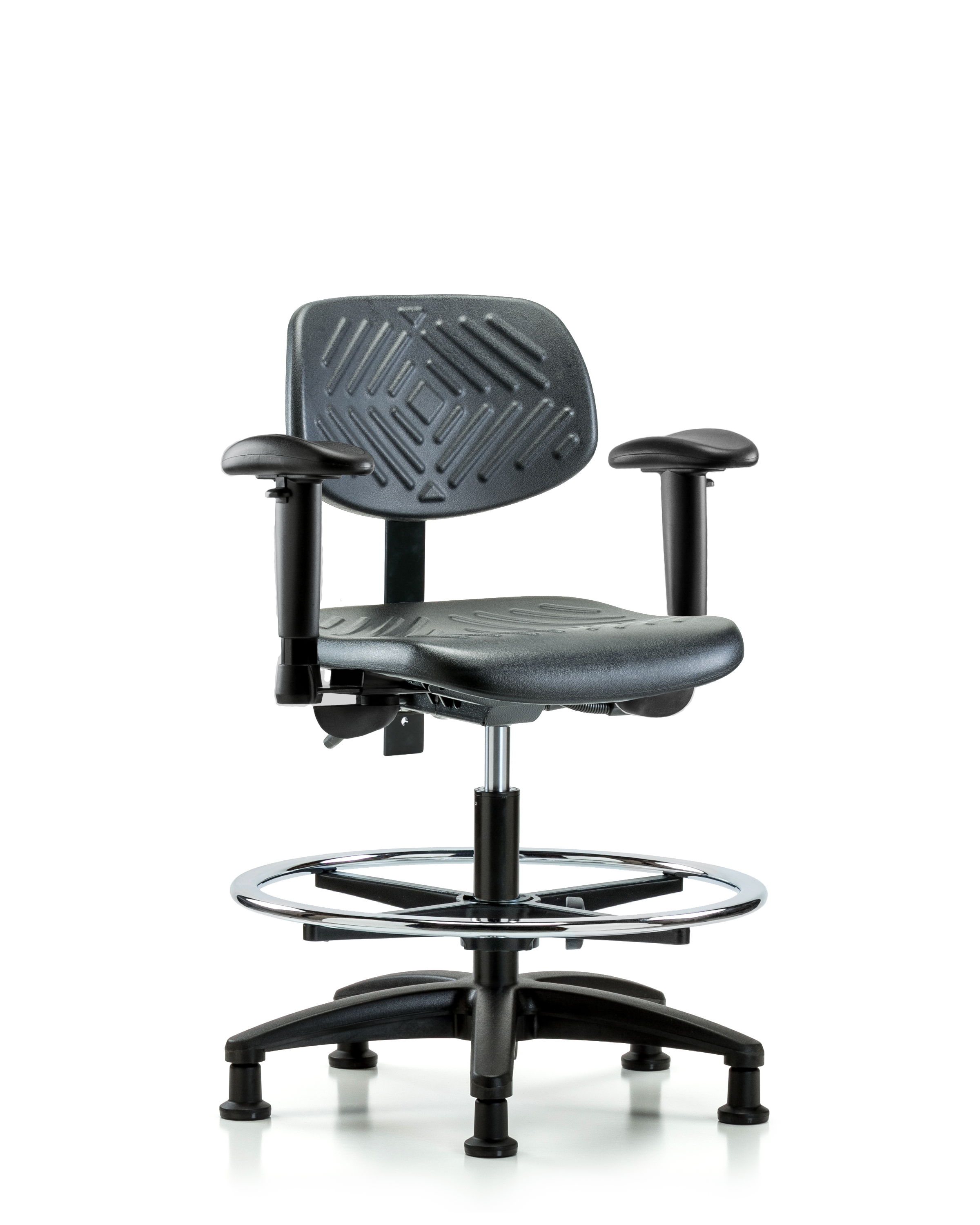 Polyurethane Chair - Medium Bench Height with Adjustable Arms, Chrome Foot Ring, & Stationary Glides in Black Polyurethane