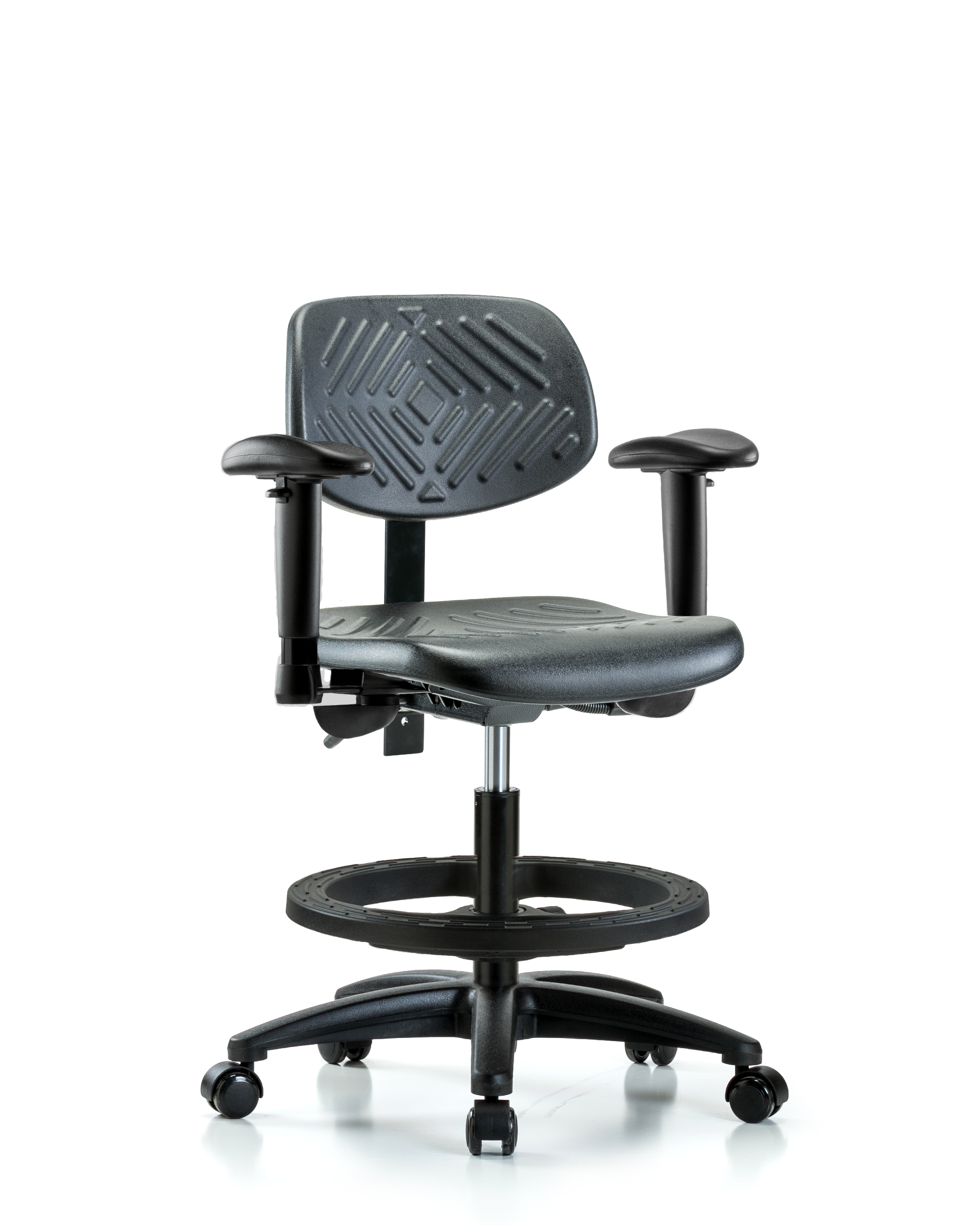 Polyurethane Chair - Medium Bench Height with Seat Tilt, Adjustable Arms, Black Foot Ring, & Casters in Black Polyurethane