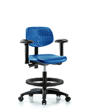 Polyurethane Chair - Medium Bench Height with Seat Tilt, Adjustable Arms, Black Foot Ring, & Casters in Blue Polyurethane