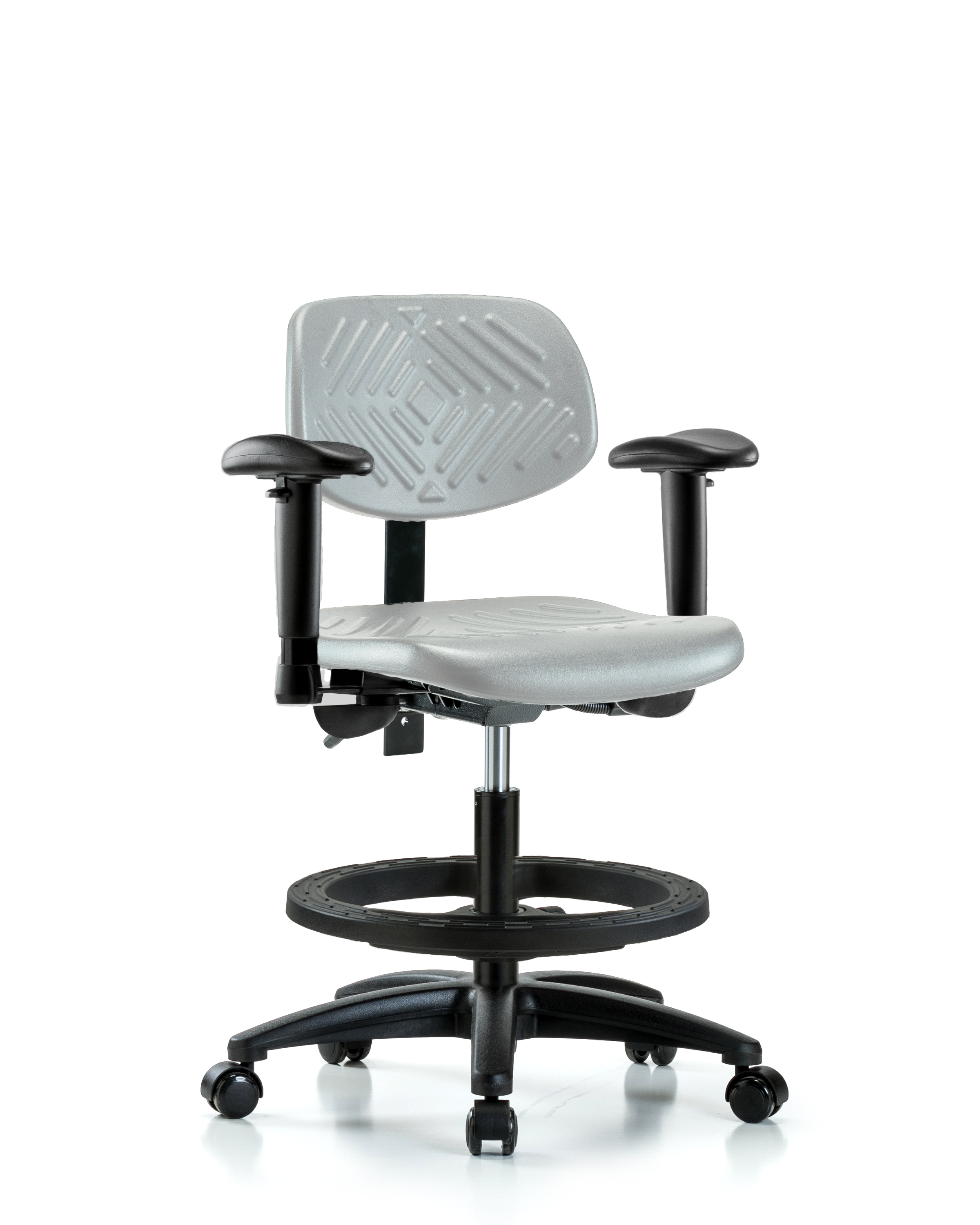 Polyurethane Chair - Medium Bench Height with Seat Tilt, Adjustable Arms, Black Foot Ring, & Casters in Gray Polyurethane