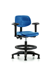 Polyurethane Chair - Medium Bench Height with Seat Tilt, Adjustable Arms, Black Foot Ring, & Stationary Glides in Blue Polyurethane