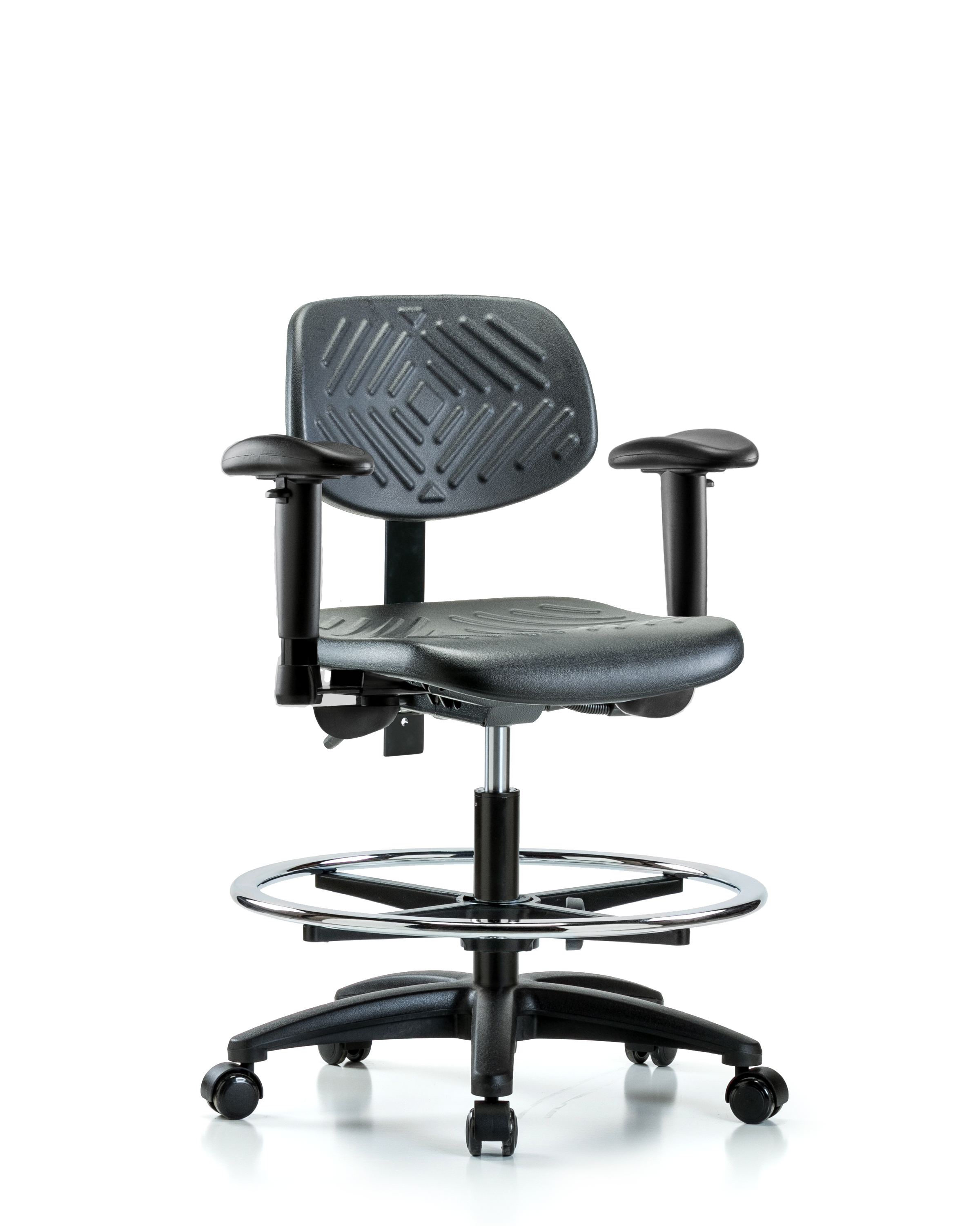 Polyurethane Chair - Medium Bench Height with Seat Tilt, Adjustable Arms, Chrome Foot Ring, & Casters in Black Polyurethane