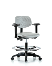 Polyurethane Chair - Medium Bench Height with Seat Tilt, Adjustable Arms, Chrome Foot Ring, & Casters in Gray Polyurethane