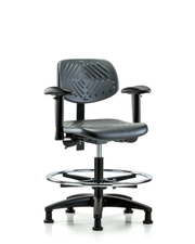 Polyurethane Chair - Medium Bench Height with Seat Tilt, Adjustable Arms, Chrome Foot Ring, & Stationary Glides in Black Polyurethane