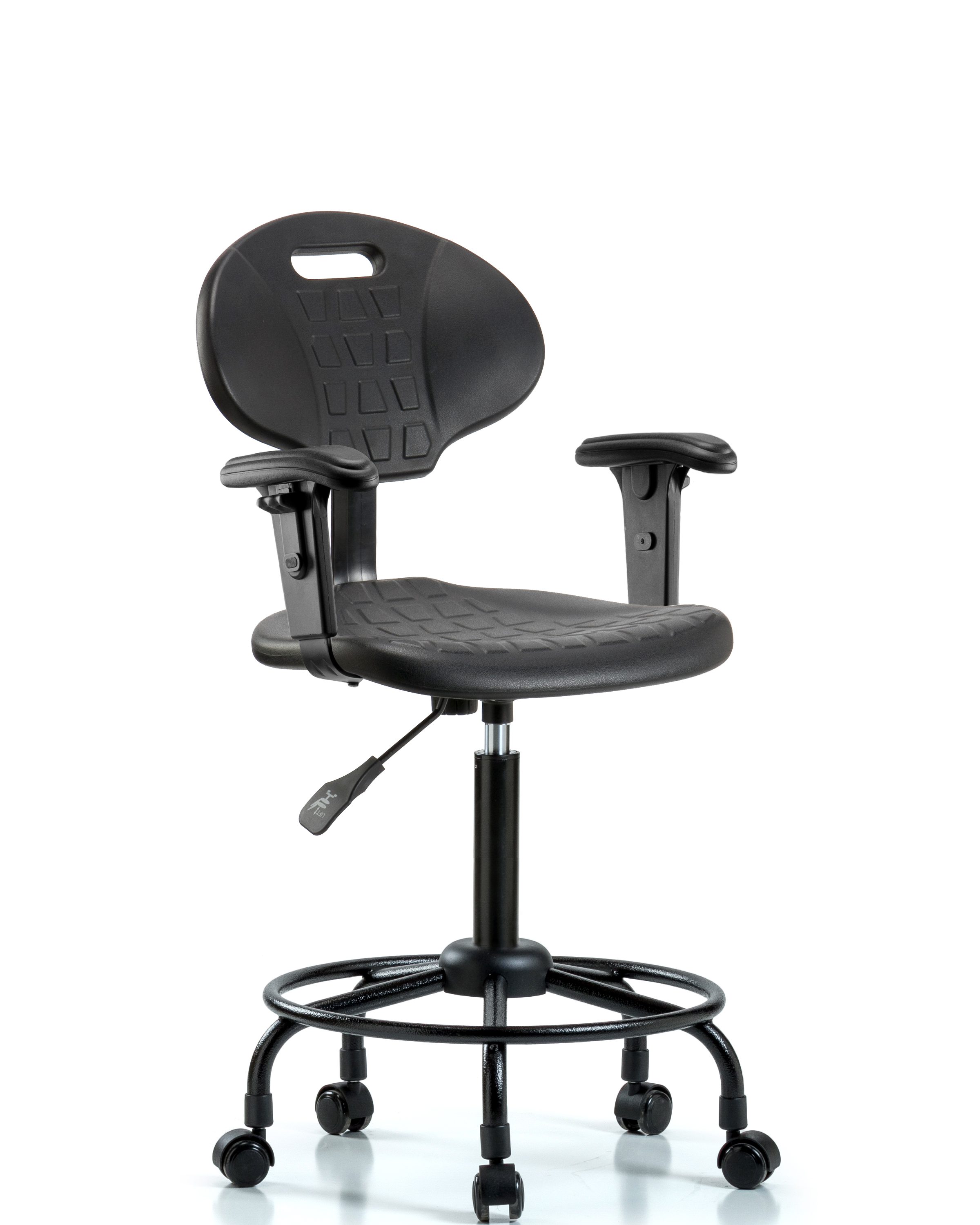 Polyurethane Chair Round Tube Base - Medium Bench Height with Adjustable Arms & Casters in Black Polyurethane