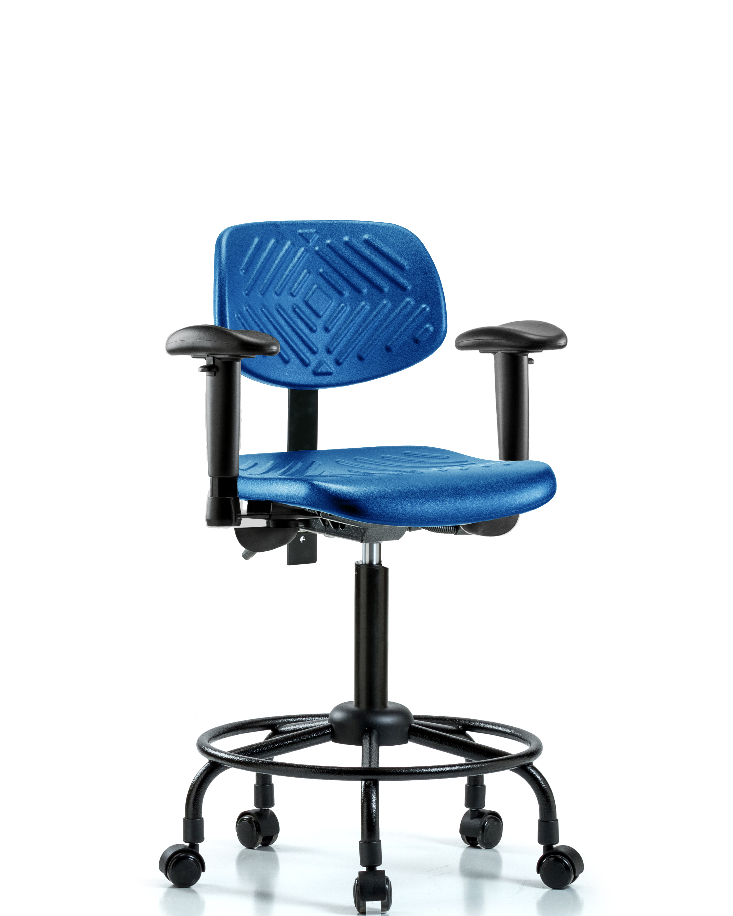 Polyurethane Chair Round Tube Base - Medium Bench Height with Adjustable Arms & Casters in Blue Polyurethane