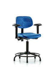 Polyurethane Chair Round Tube Base - Medium Bench Height with Adjustable Arms & Stationary Glides in Blue Polyurethane